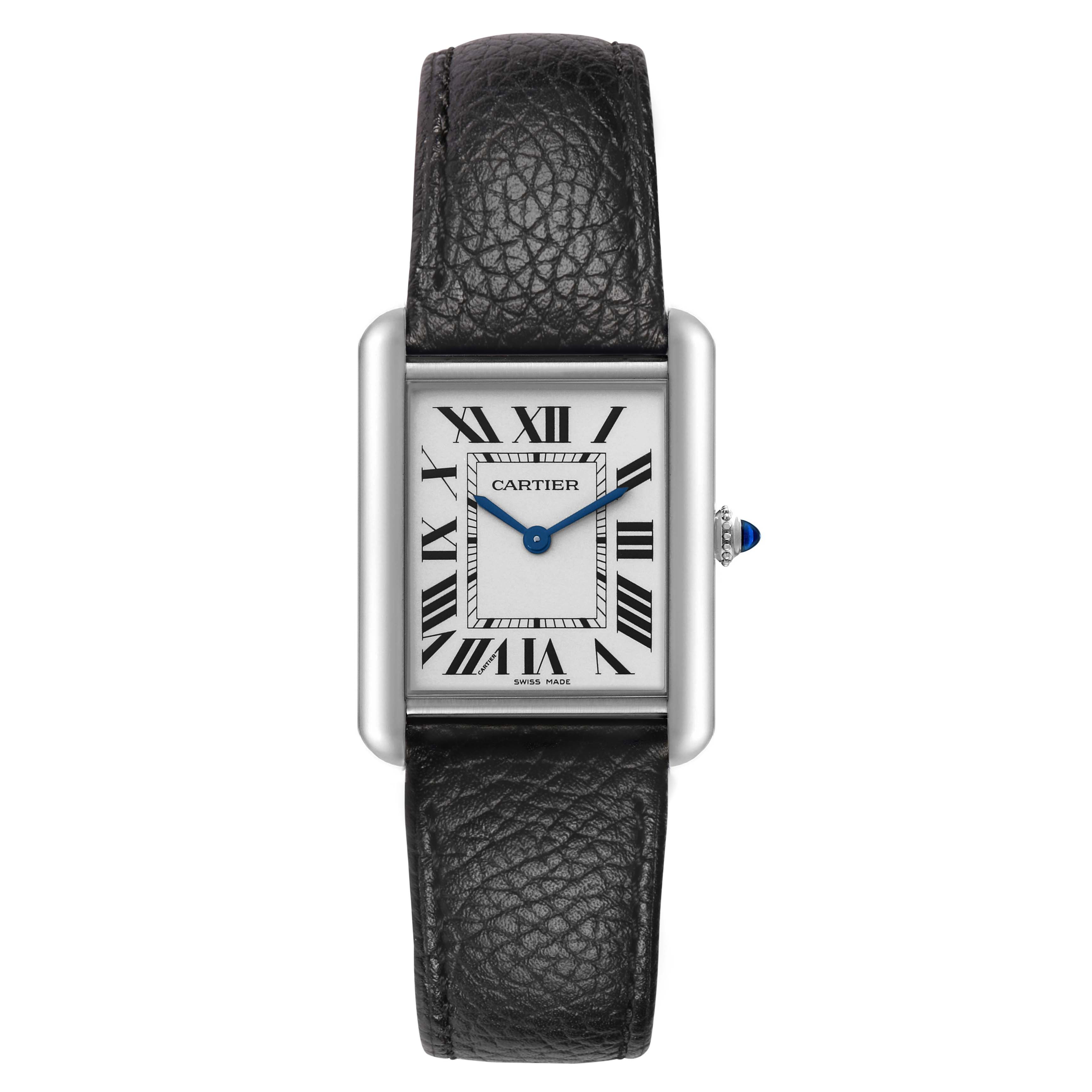 The Cartier Tank Must WSTA0120 Men's Stainless Steel Silver Dial watch is shown from the front, displaying its face, hands, and leather strap.