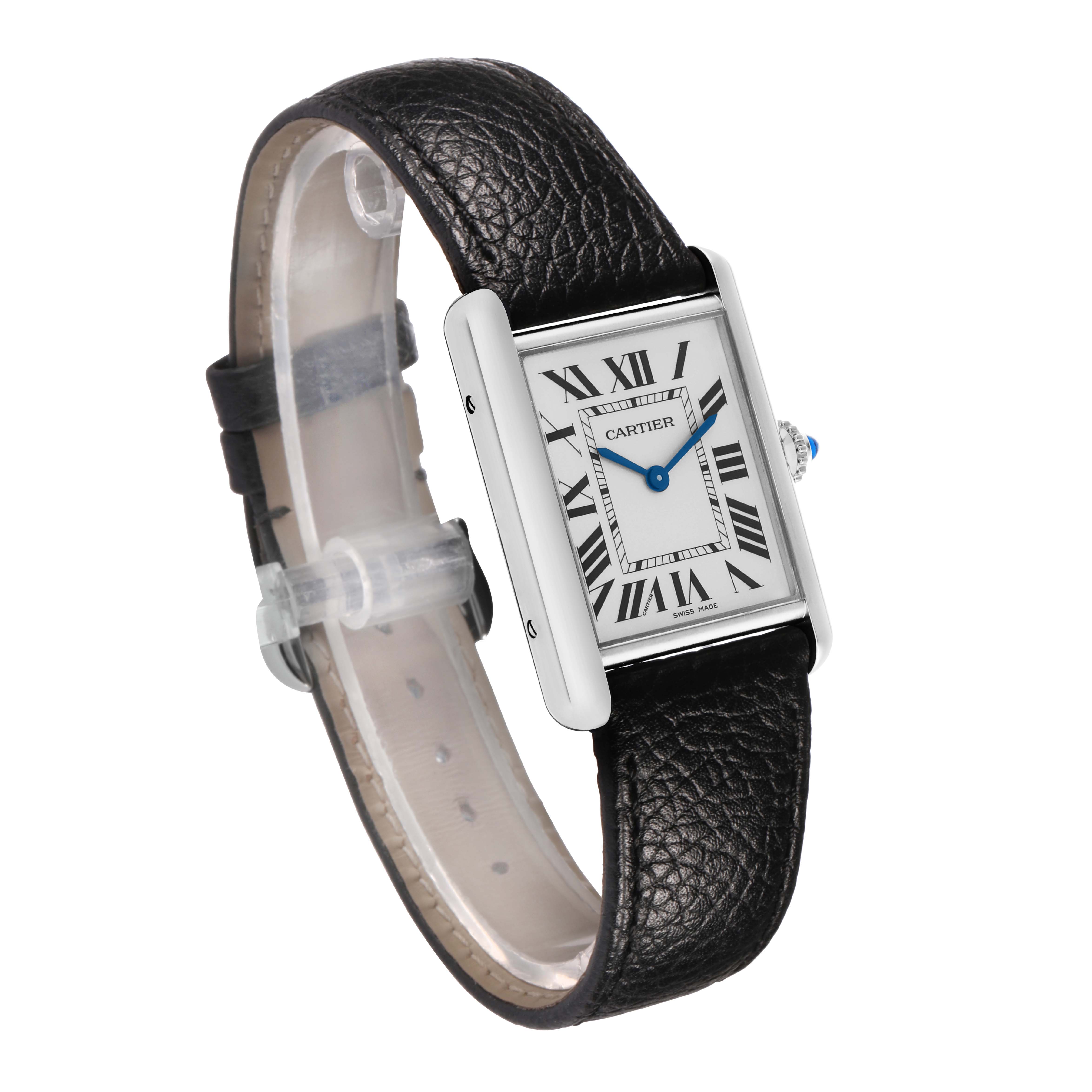 The Cartier Tank Must WSTA0120 Men's Stainless Steel Silver Dial watch is shown at a three-quarter angle, displaying the face, Roman numerals, blue hands, and leather strap.
