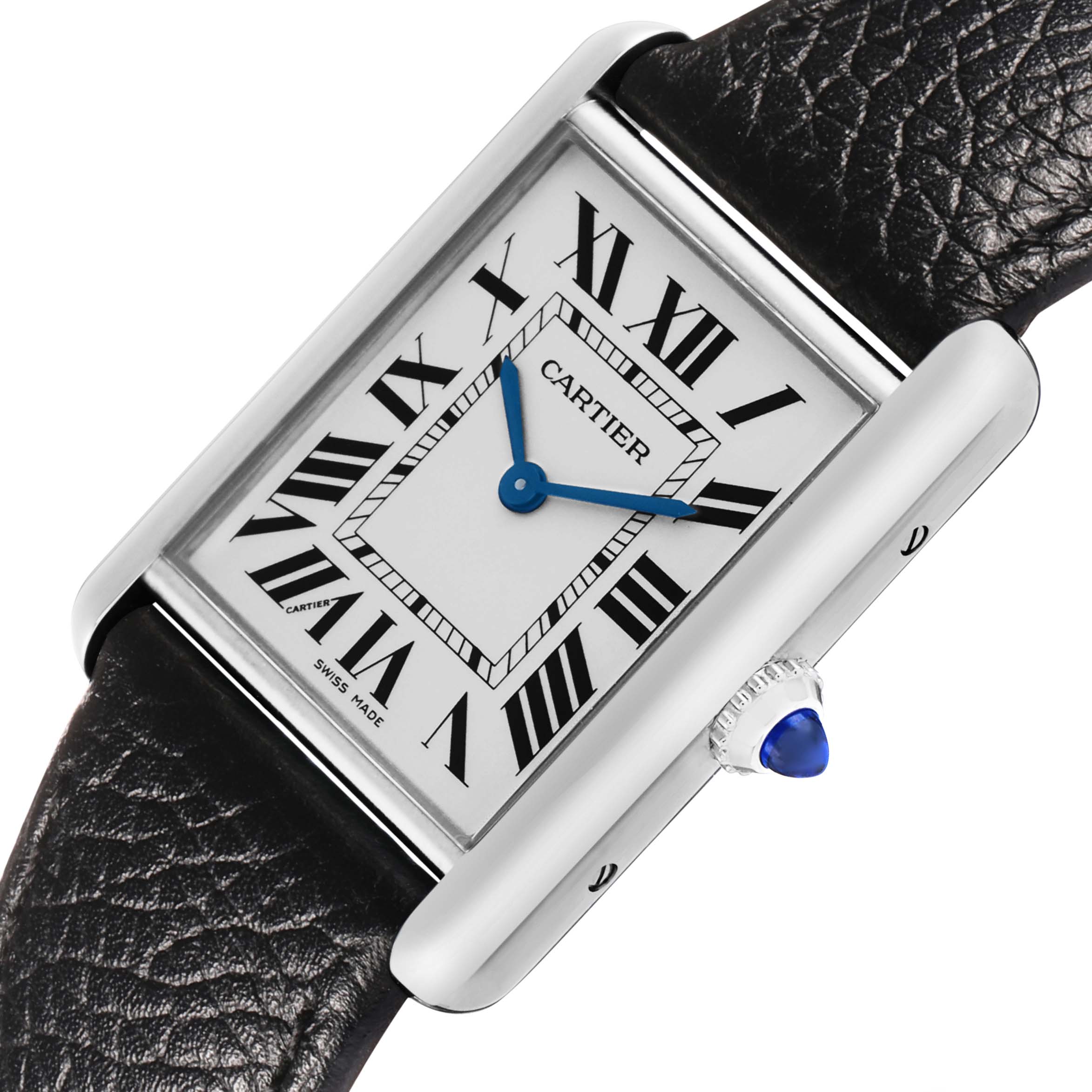 The Cartier Tank Must WSTA0120 Men's Stainless Steel Silver Dial watch is shown from a perspective highlighting its face, rectangular case, leather strap, and blue cabochon crown.