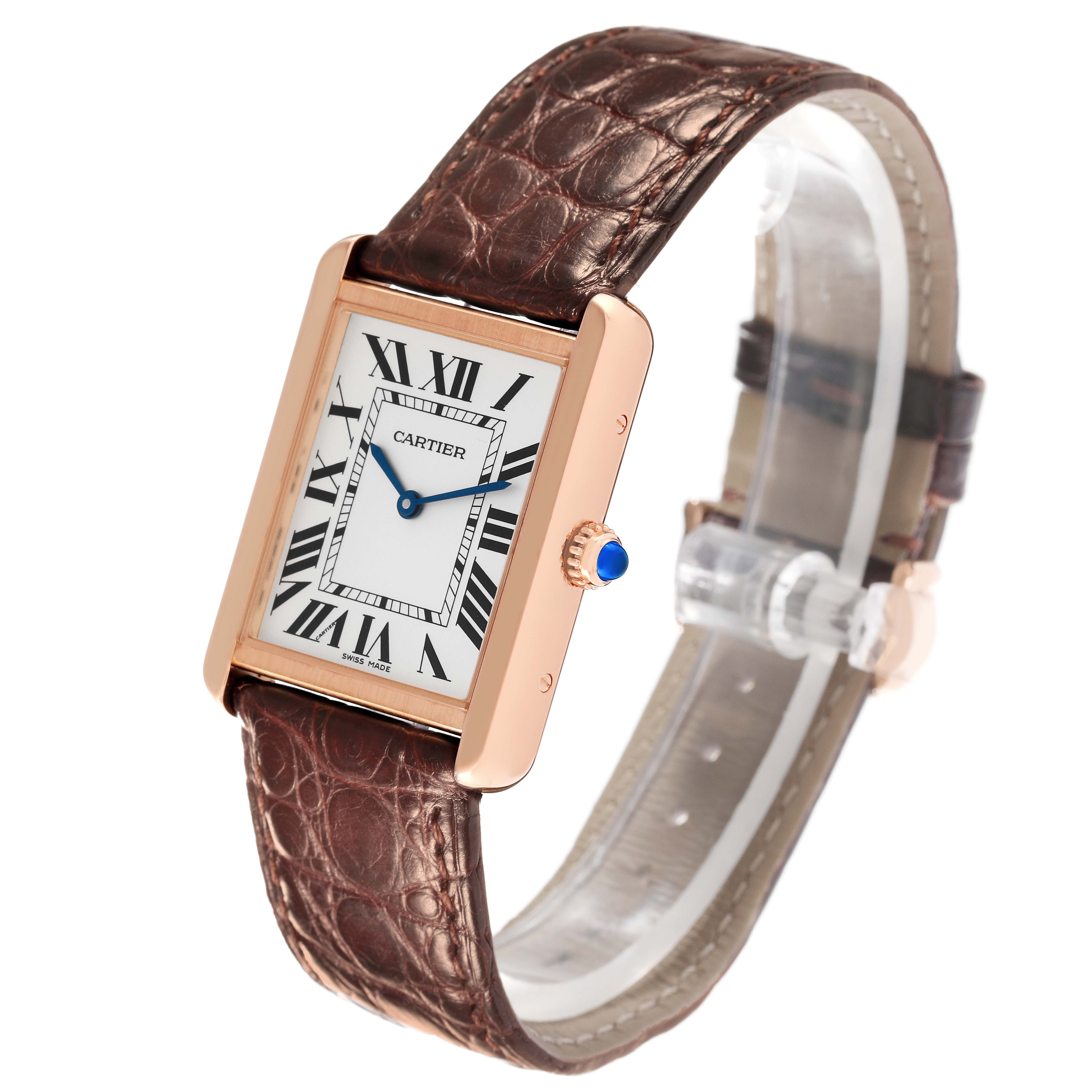 The Cartier Tank Solo W5200025 Men's Steel and Gold (two tone) Silver Dial W5200025 Men's Steel and Gold (two tone) Silver Dial watch is shown at an angle displaying the face, case, crown, and leather strap.