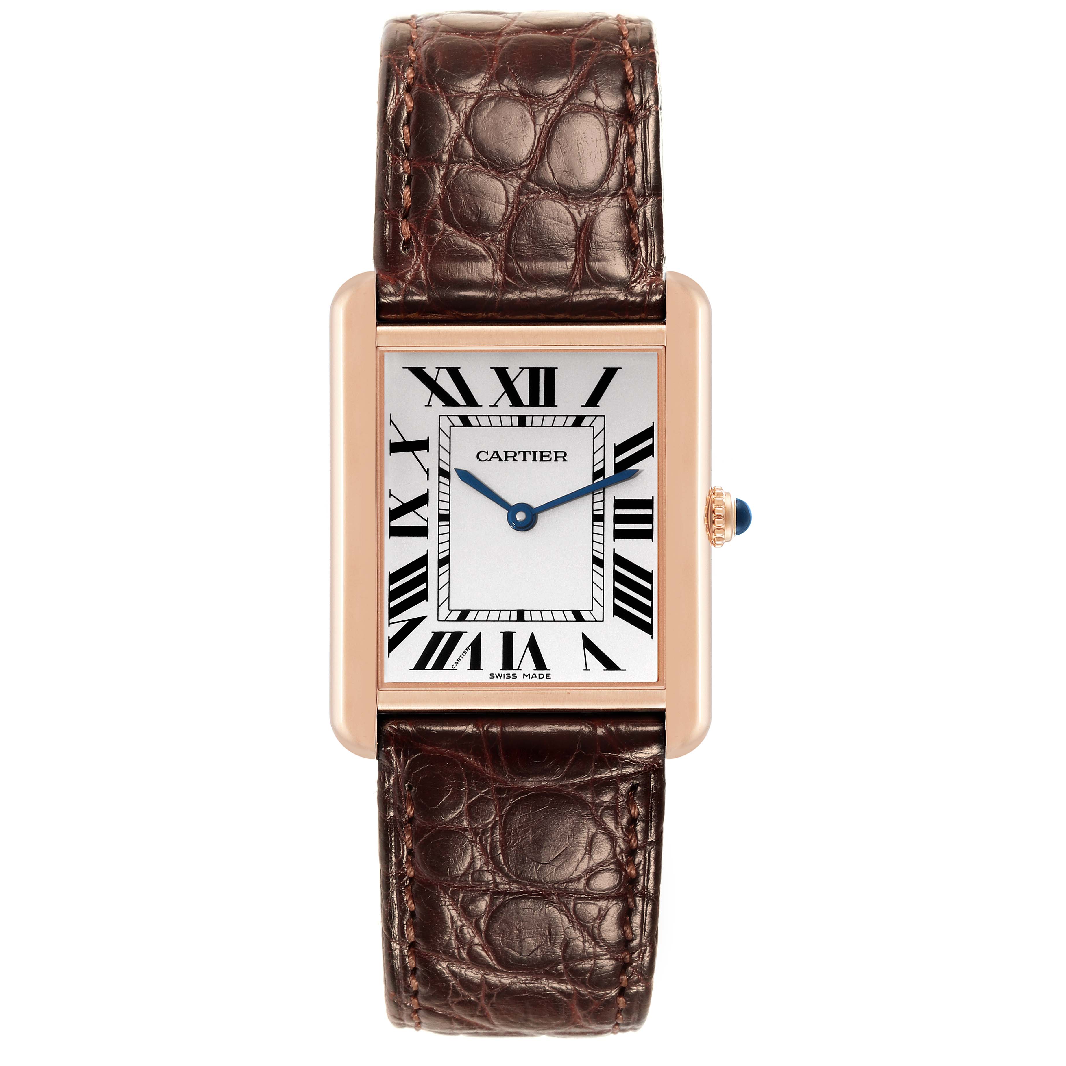 A Tank Solo model by Cartier is shown from the front, displaying the face, dial, and leather strap.