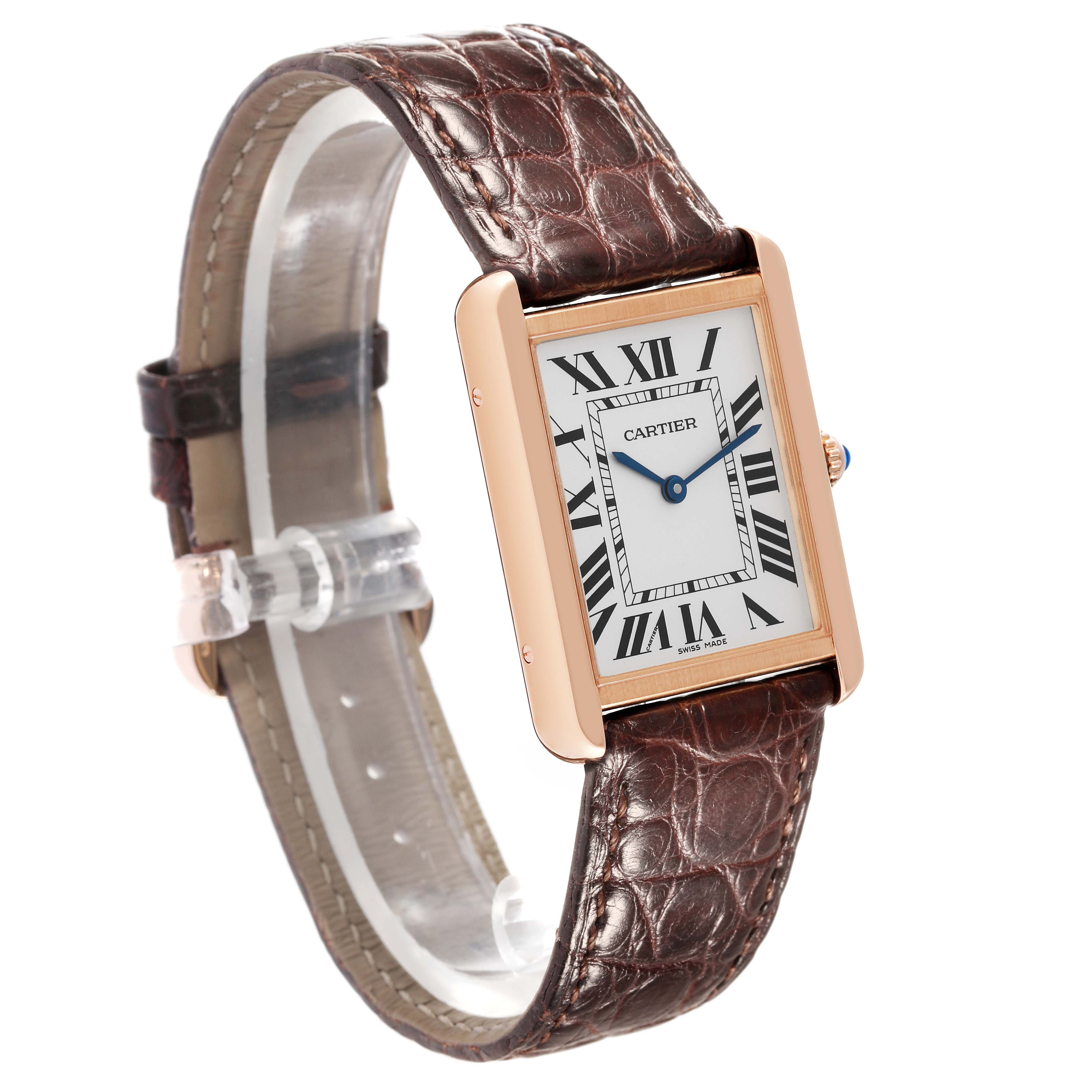 The image shows a Cartier Tank Solo W5200025 Men's Steel and Gold (two tone) Silver Dial W5200025 Men's Steel and Gold (two tone) Silver Dial watch at a slight side angle, highlighting its rectangular face, Roman numerals, and brown leather strap.