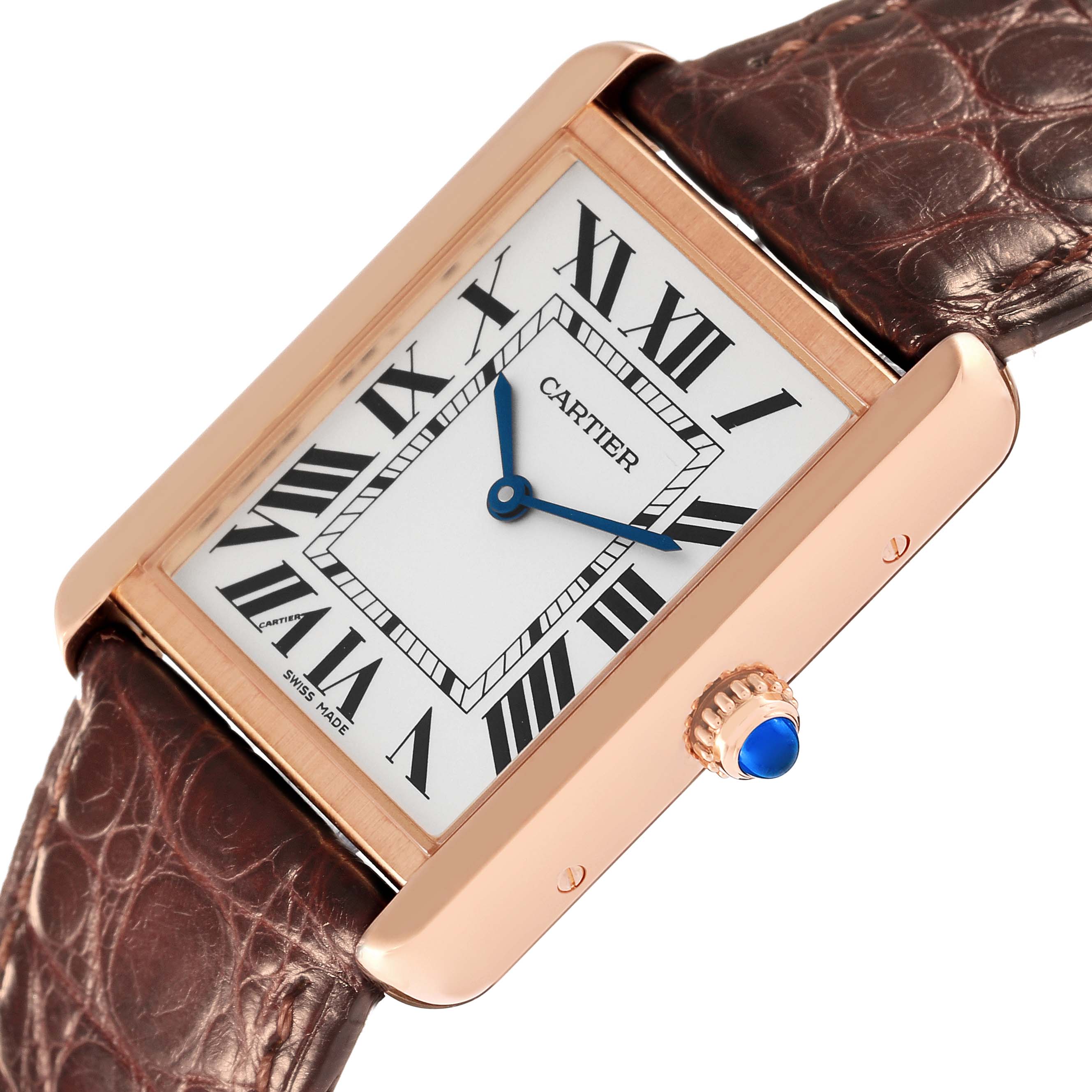 This image shows a close-up angle of the Cartier Tank Solo W5200025 Men's Steel and Gold (two tone) Silver Dial W5200025 Men's Steel and Gold (two tone) Silver Dial watch face and part of its brown leather strap.