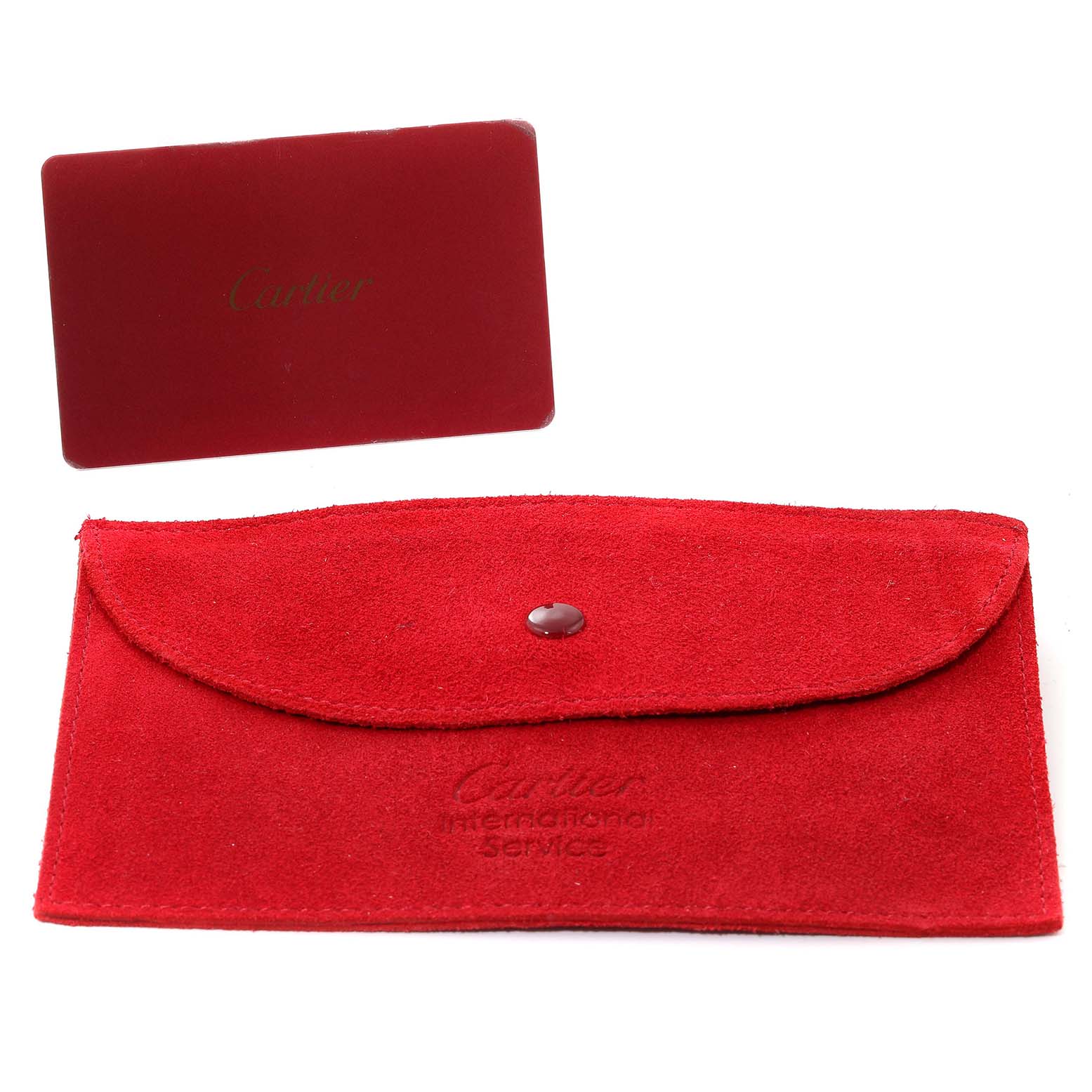 The image shows a red Cartier pouch and a red Cartier international service card, accessories for the Tank Solo model.