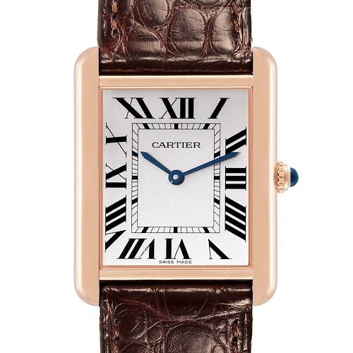 This image shows a frontal view of the Cartier Tank Solo watch, highlighting its rectangular face, Roman numerals, and brown leather strap.