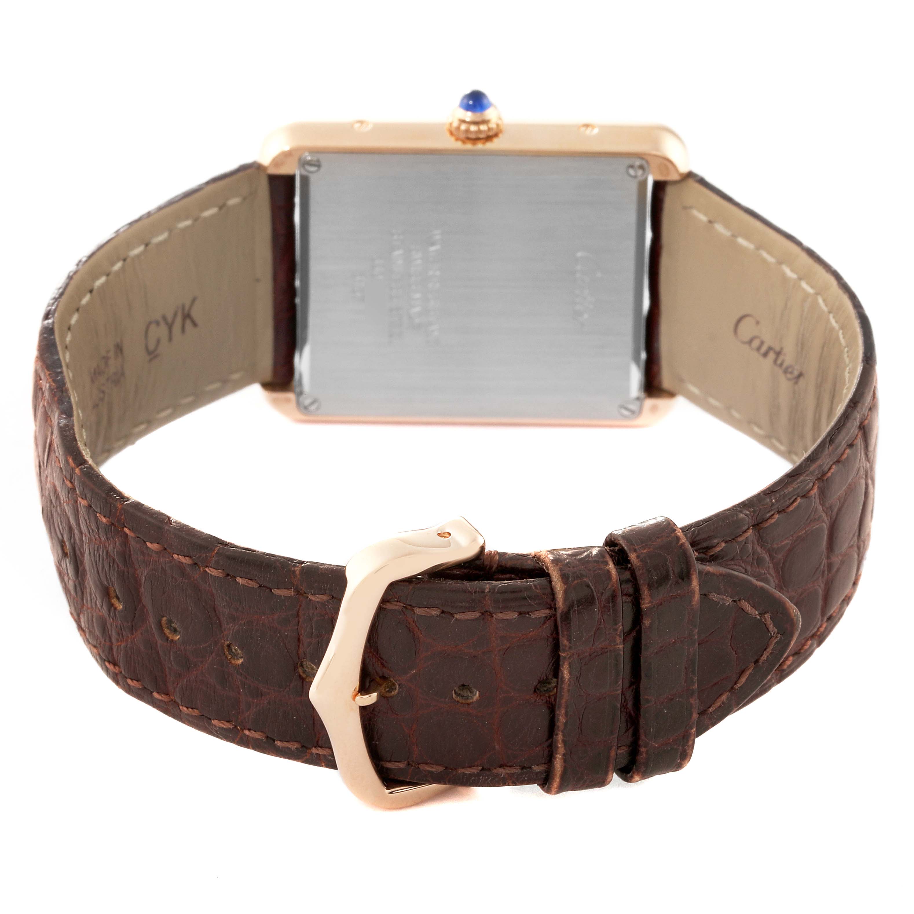 This image shows the back view of the Tank Solo model watch by Cartier, displaying its leather strap and buckle.