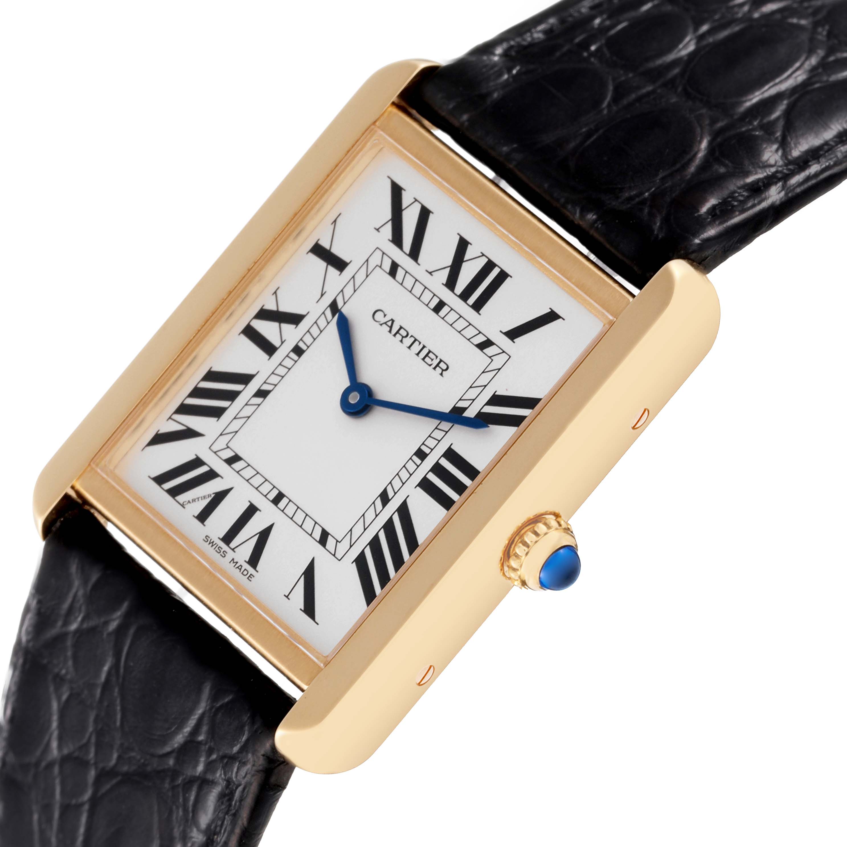 The image shows a Cartier Tank Solo W5200004 Men's Yellow Gold Silver Dial W5200004 Men's Yellow Gold Silver Dial watch at a slight angle showing its face, crown, and leather strap.