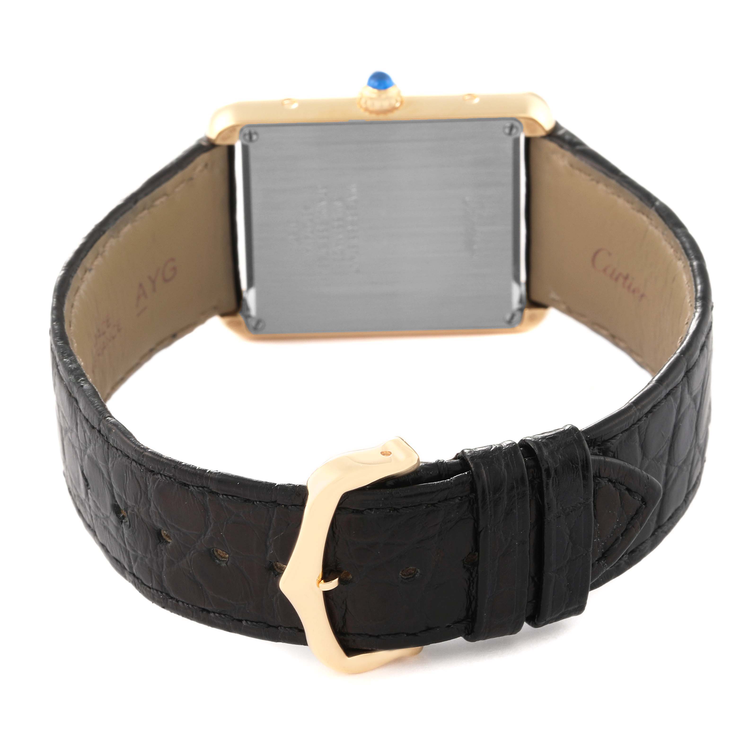 The image shows the back view of a Cartier Tank Solo W5200004 Men's Yellow Gold Silver Dial W5200004 Men's Yellow Gold Silver Dial watch, including the rear case, strap, and buckle.