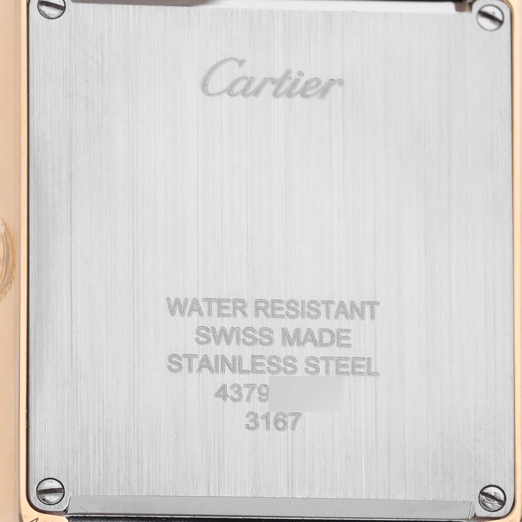 The image shows the back case of a Cartier Tank Solo W5200004 Men's Yellow Gold Silver Dial W5200004 Men's Yellow Gold Silver Dial watch, displaying brand markings and specifications.