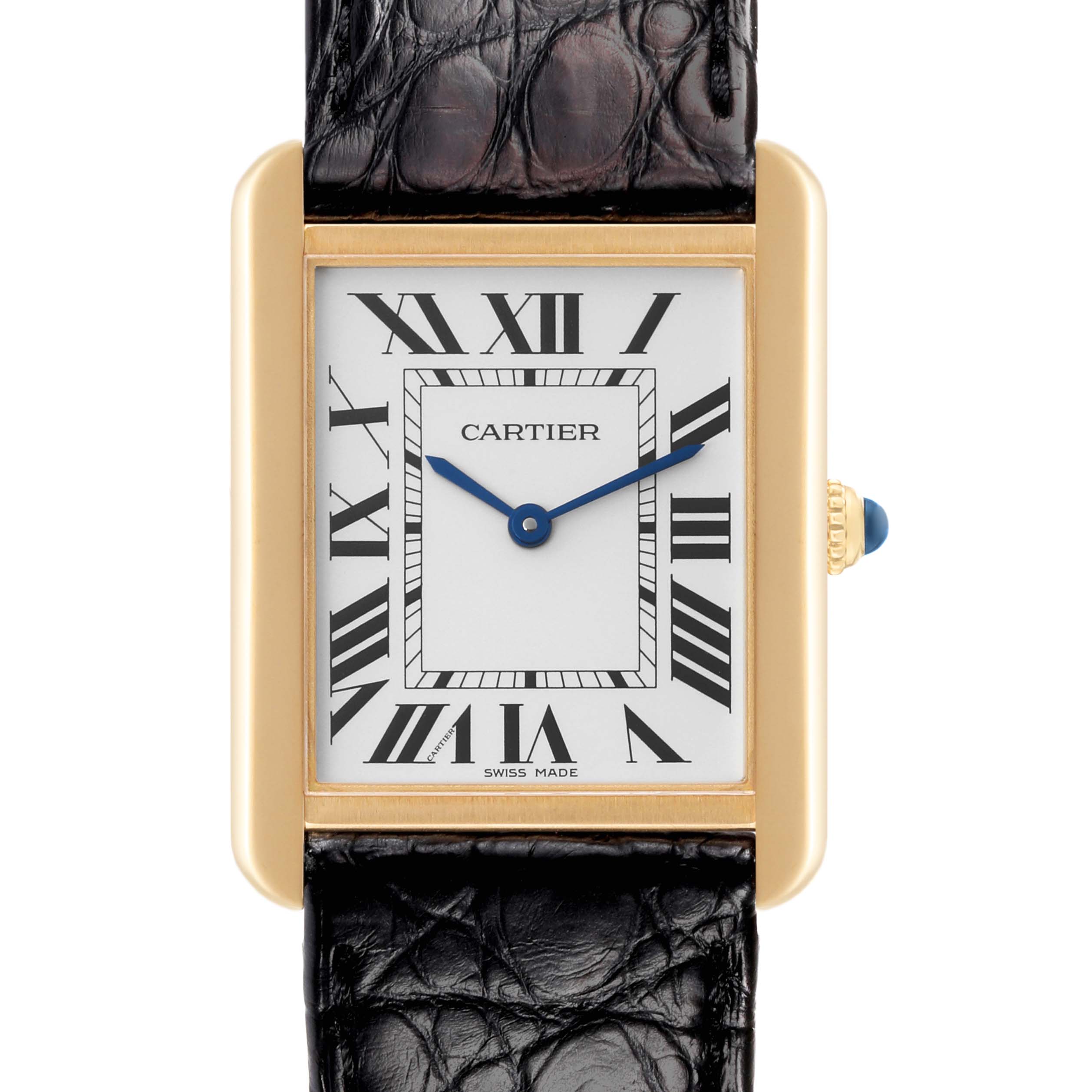 The image shows a frontal view of the Cartier Tank Solo W5200004 Men's Yellow Gold Silver Dial W5200004 Men's Yellow Gold Silver Dial Watch, highlighting its rectangular dial, Roman numerals, and leather strap.