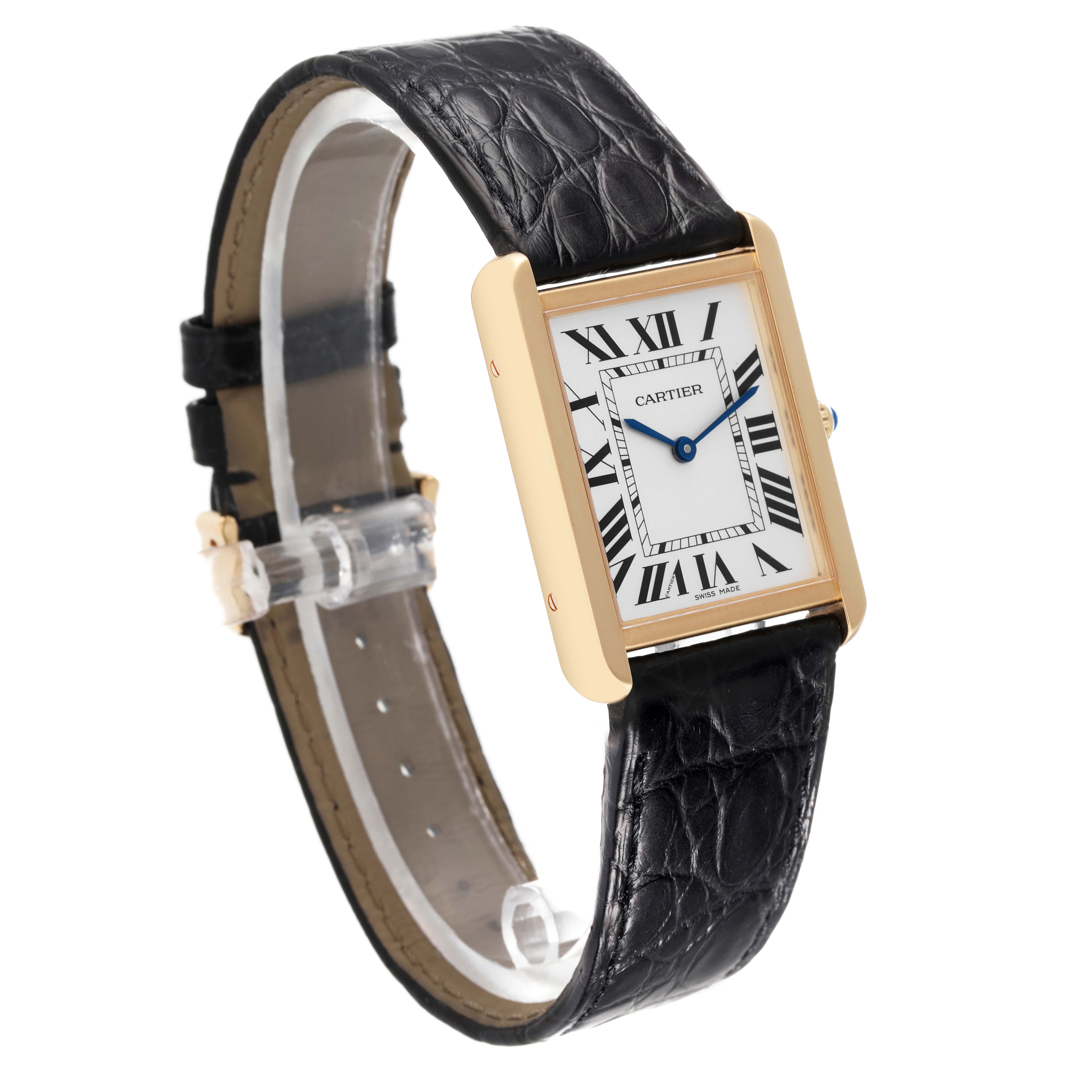 The Cartier Tank Solo W5200004 Men's Yellow Gold Silver Dial W5200004 Men's Yellow Gold Silver Dial watch is shown at a slight angle, displaying its rectangular face, Roman numerals, and black leather strap.