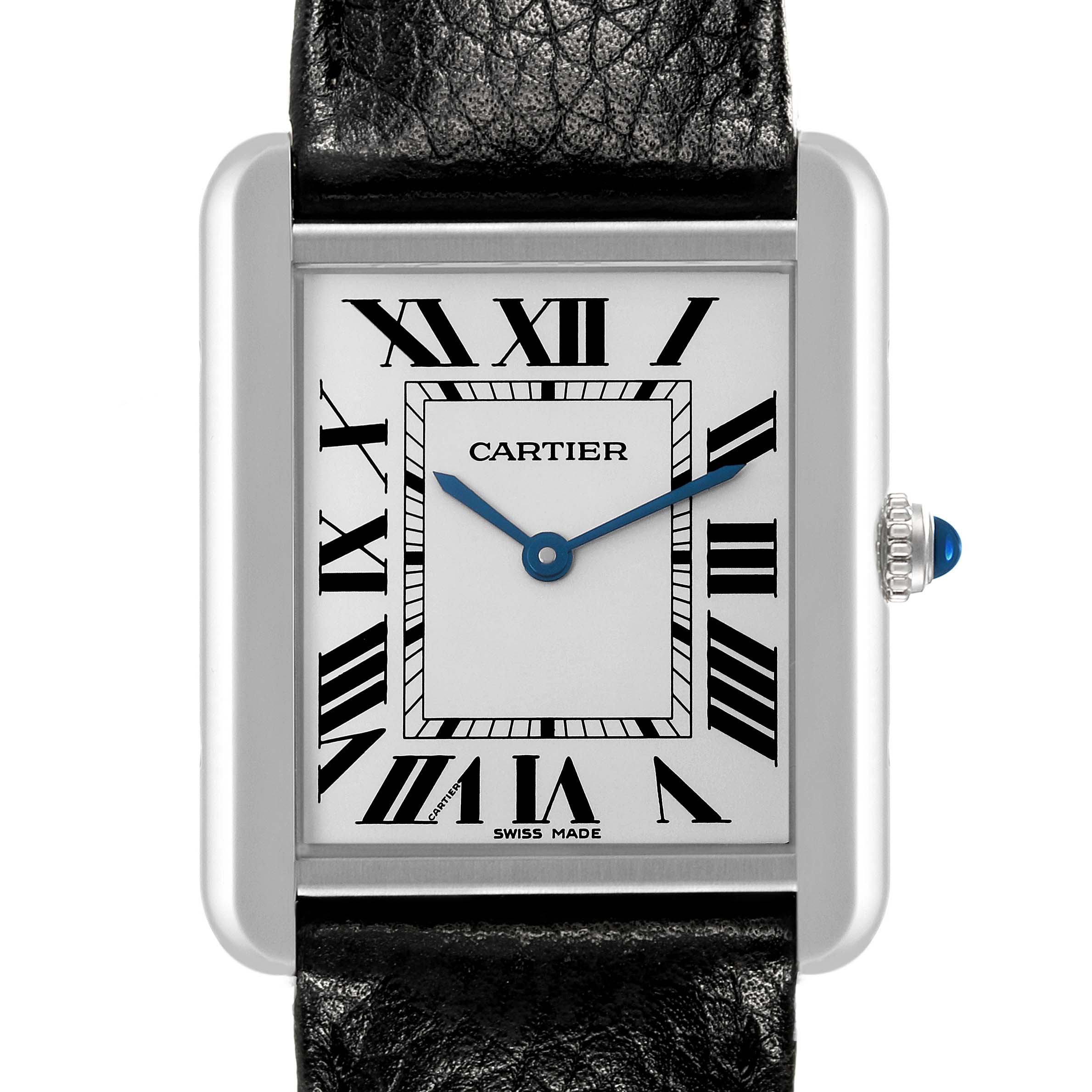 The Cartier Tank Solo WSTA0028 Men's Stainless Steel Silver Dial WSTA0028 Men's Stainless Steel Silver Dial watch is shown from a front angle, displaying the face, Roman numerals, and black leather strap.