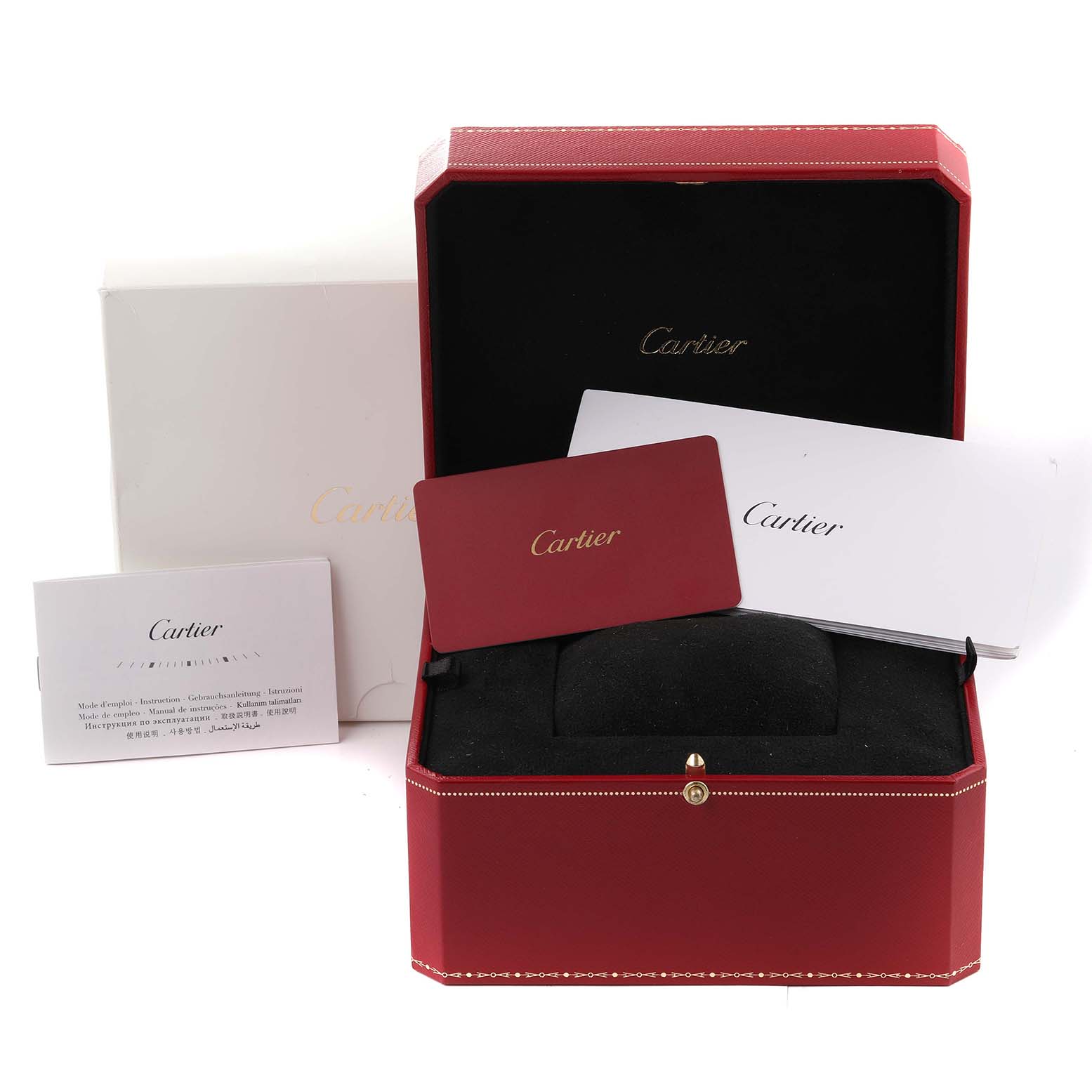 The image shows the case, warranty cards, and manuals for the Cartier Tank Solo WSTA0028 Men's Stainless Steel Silver Dial WSTA0028 Men's Stainless Steel Silver Dial watch.