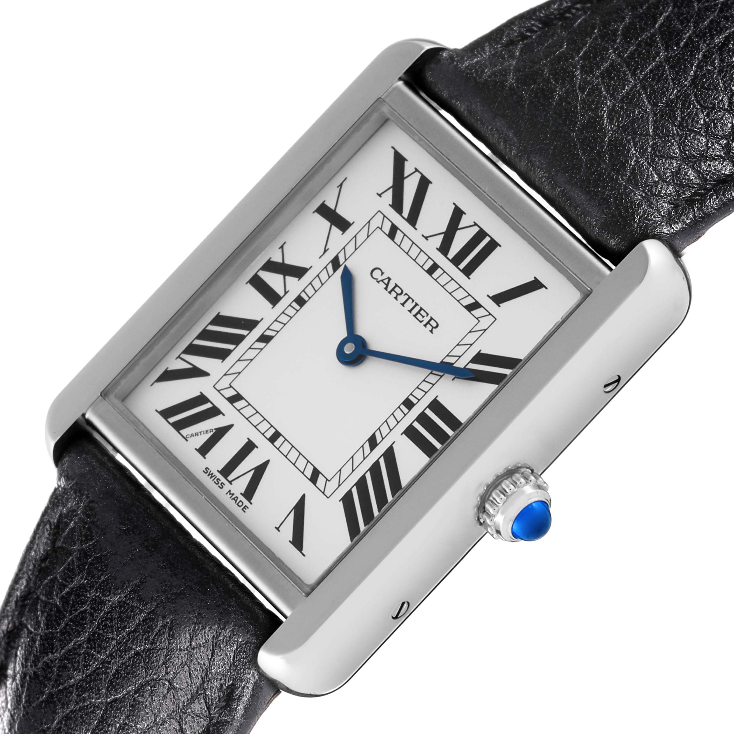 This image shows a tilted view of the Cartier Tank Solo WSTA0028 Men's Stainless Steel Silver Dial WSTA0028 Men's Stainless Steel Silver Dial watch, highlighting its face, blue hands, and leather strap.
