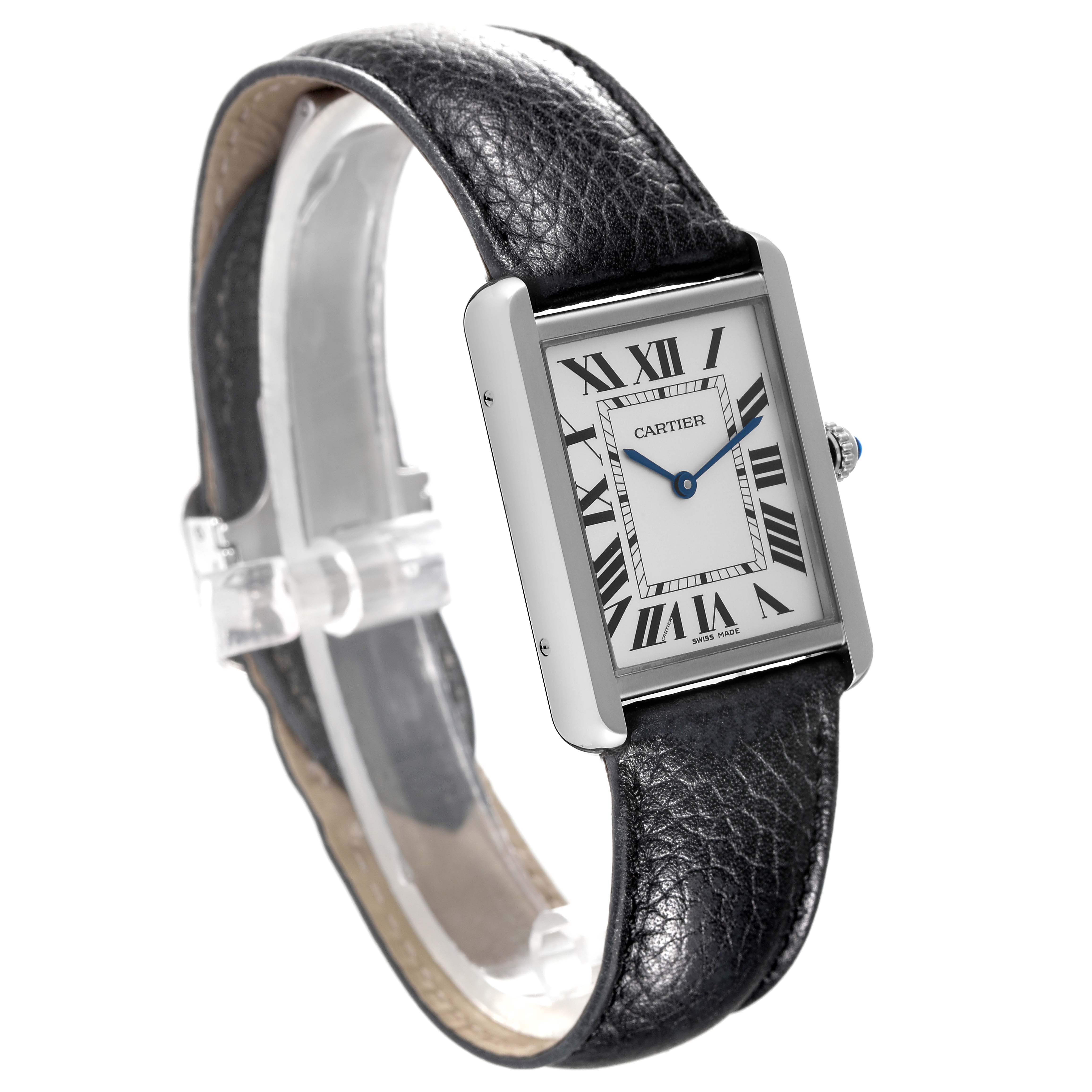 The image shows a side view of a Cartier Tank Solo WSTA0028 Men's Stainless Steel Silver Dial WSTA0028 Men's Stainless Steel Silver Dial watch, highlighting its rectangular face, black leather strap, and crown.