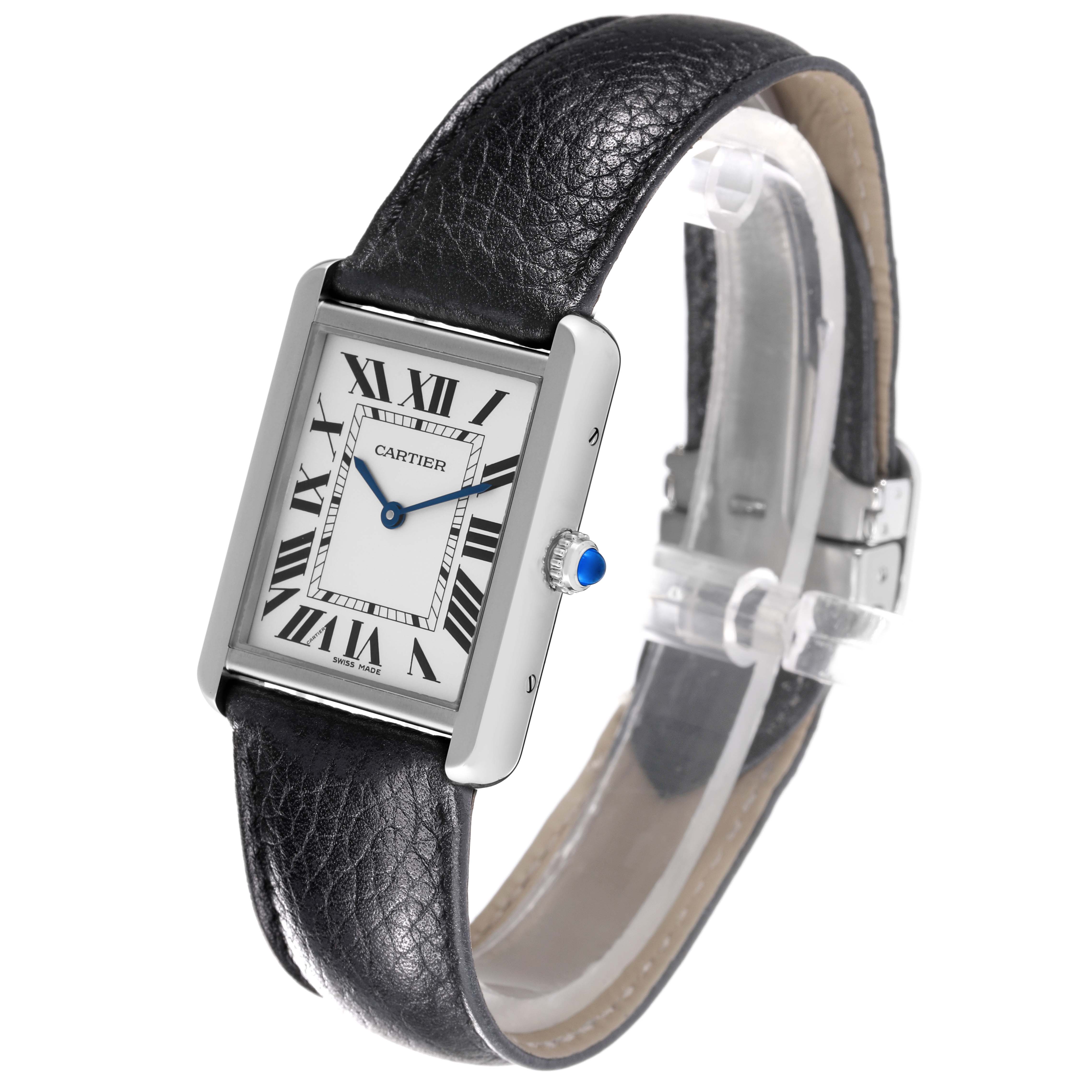 The image shows a Cartier Tank Solo WSTA0028 Men's Stainless Steel Silver Dial WSTA0028 Men's Stainless Steel Silver Dial watch at a three-quarter angle, displaying its face, leather strap, and side crown.