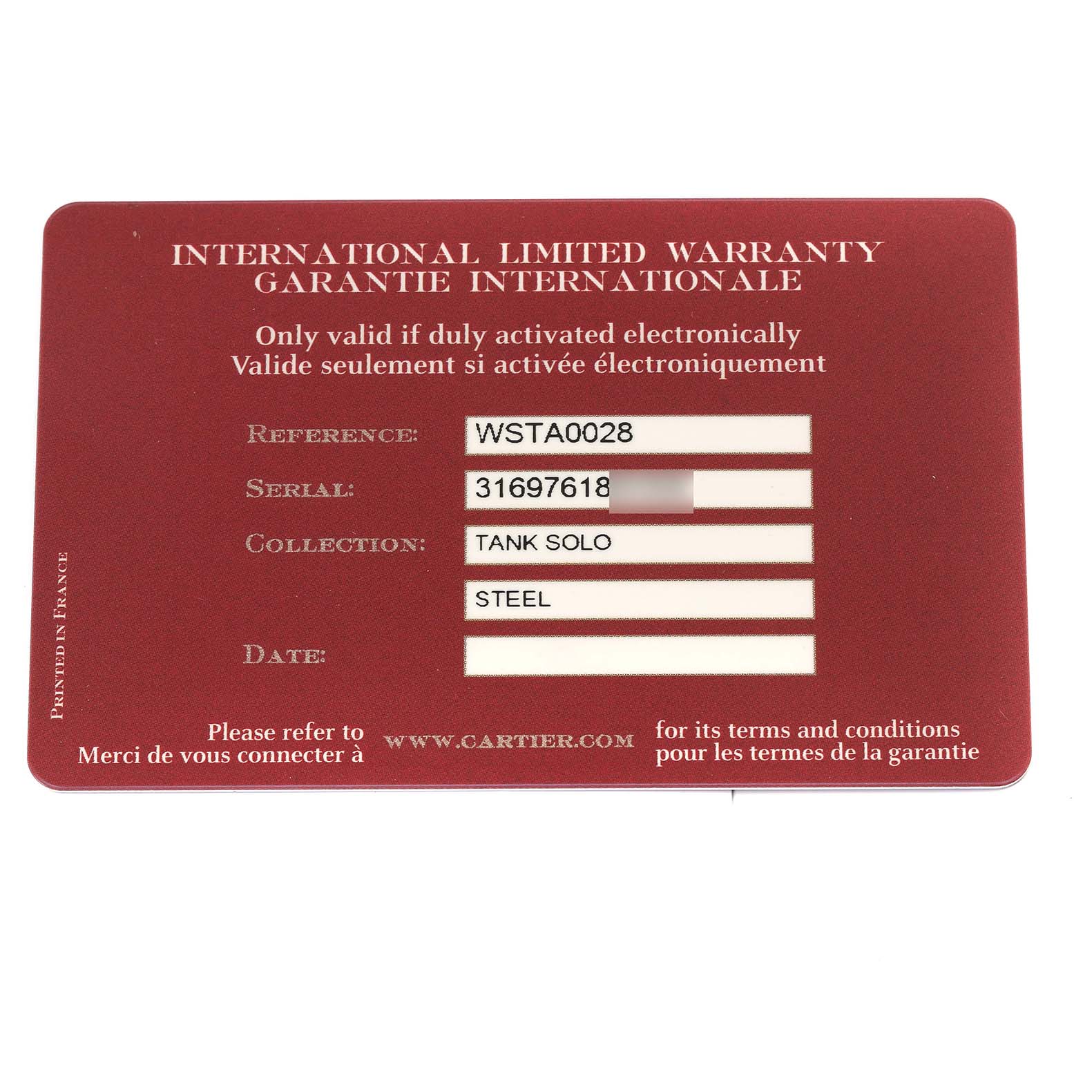 The image shows the warranty card for the Cartier Tank Solo WSTA0028 Men's Stainless Steel Silver Dial WSTA0028 Men's Stainless Steel Silver Dial watch model, including reference, serial number, and material information.
