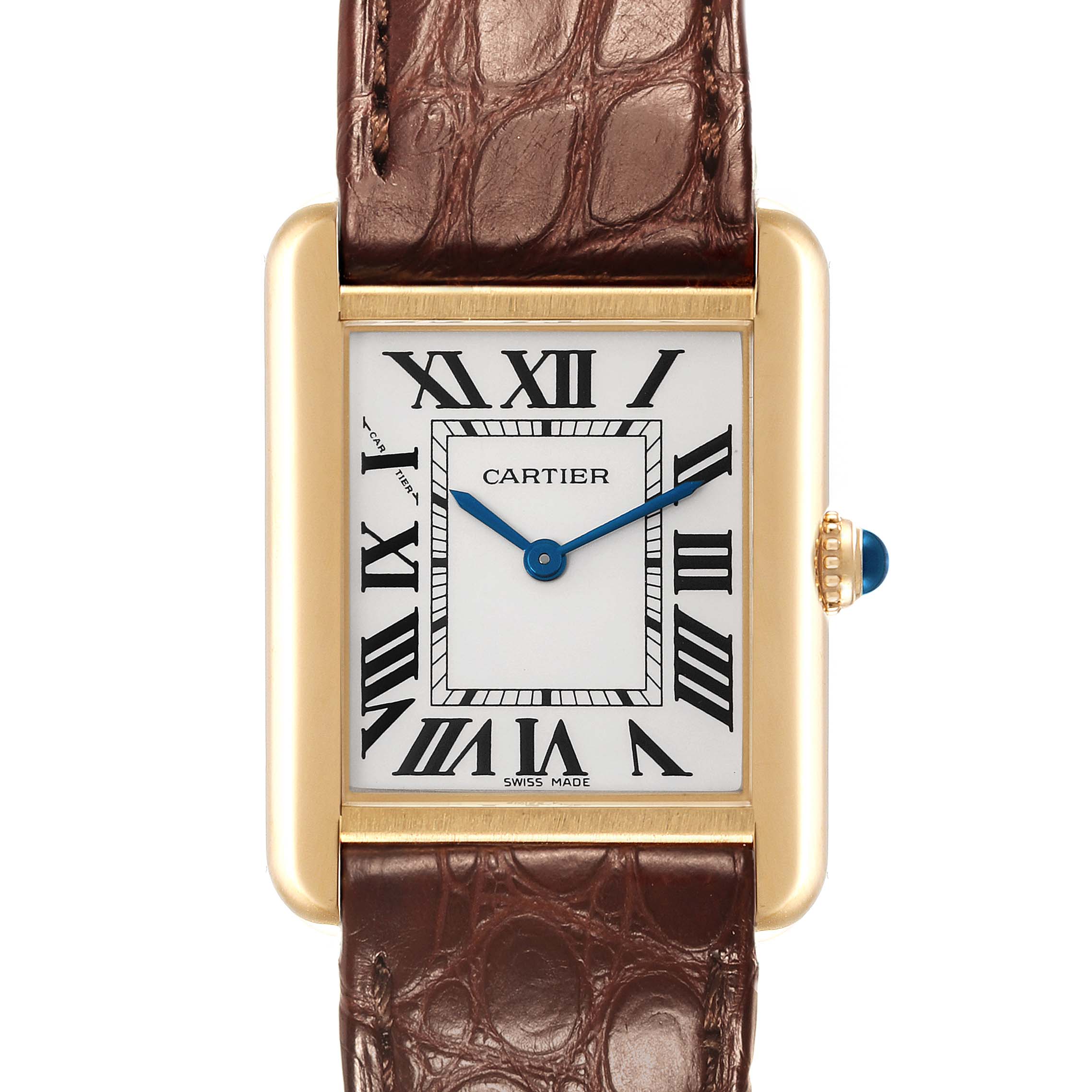 The image shows a front view of the Cartier Tank Solo W1018755 Women's Steel and Gold (two tone) Silver Dial W1018755 Women's Steel and Gold (two tone) Silver Dial watch, highlighting its rectangular face, Roman numerals, and leather strap.