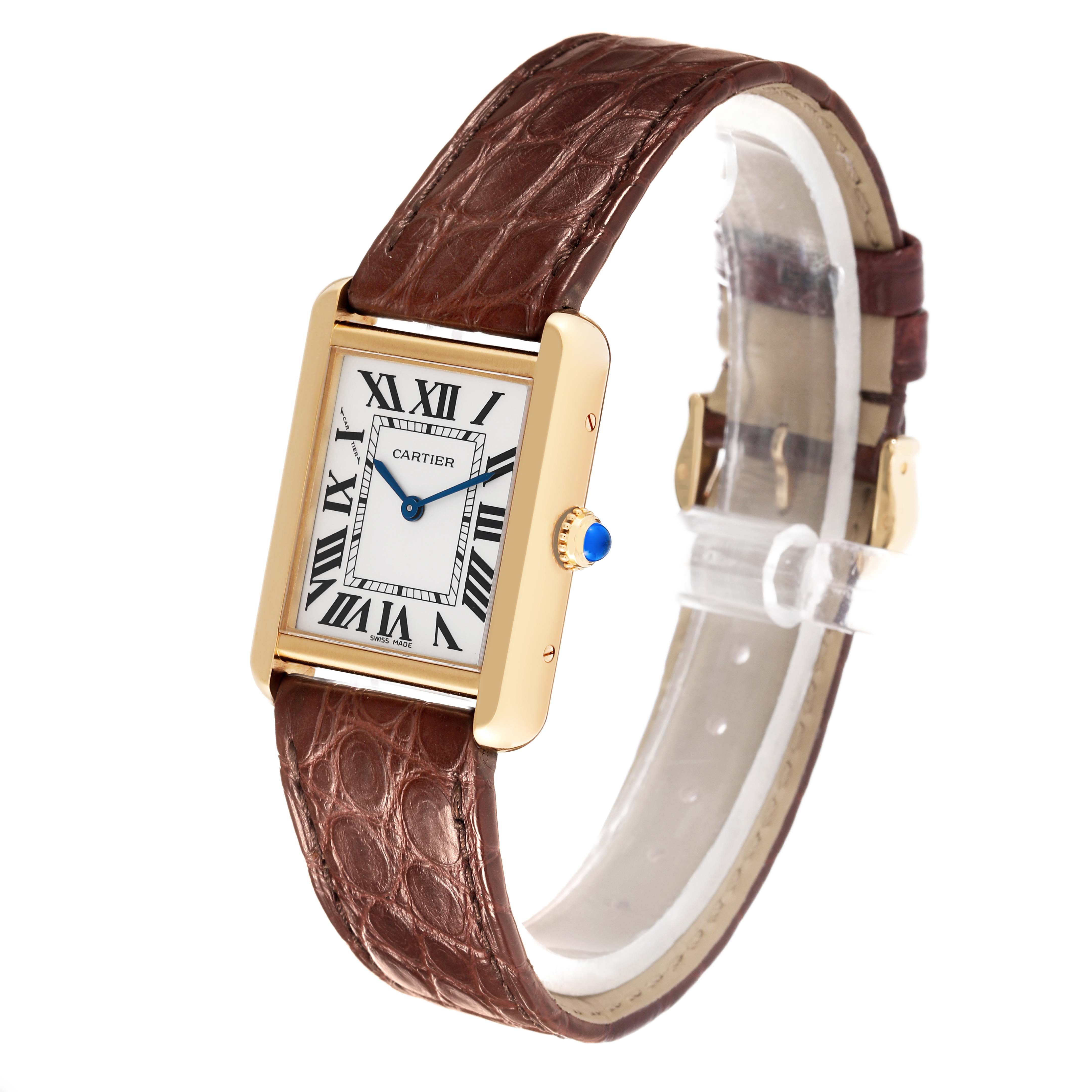 This image shows a side angle of a Cartier Tank Solo W1018755 Women's Steel and Gold (two tone) Silver Dial W1018755 Women's Steel and Gold (two tone) Silver Dial watch, highlighting its rectangular face, Roman numerals, and brown leather strap.