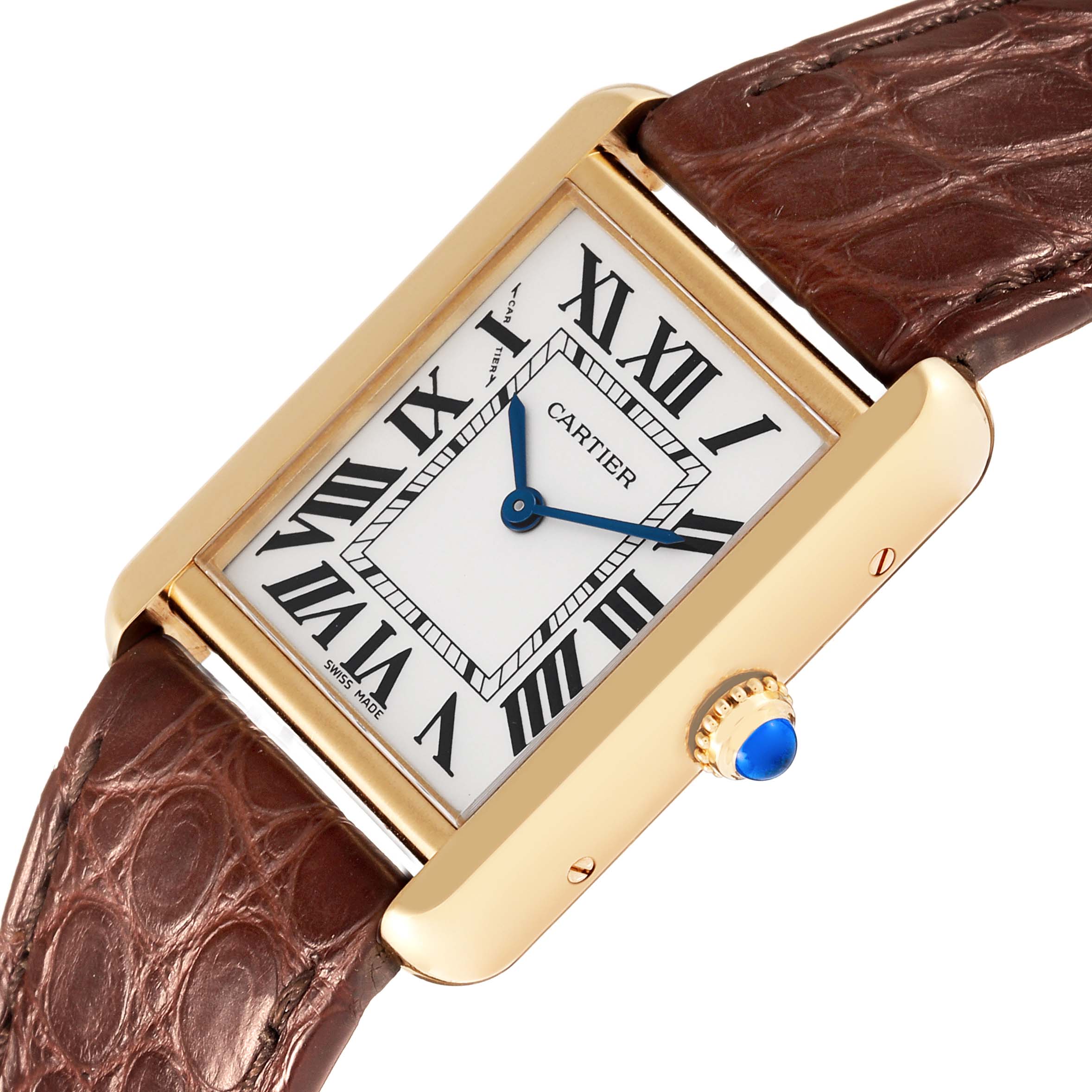 This image shows a Cartier Tank Solo W1018755 Women's Steel and Gold (two tone) Silver Dial W1018755 Women's Steel and Gold (two tone) Silver Dial watch from a top-down angle, highlighting its rectangular face, Roman numeral markers, and leather strap.