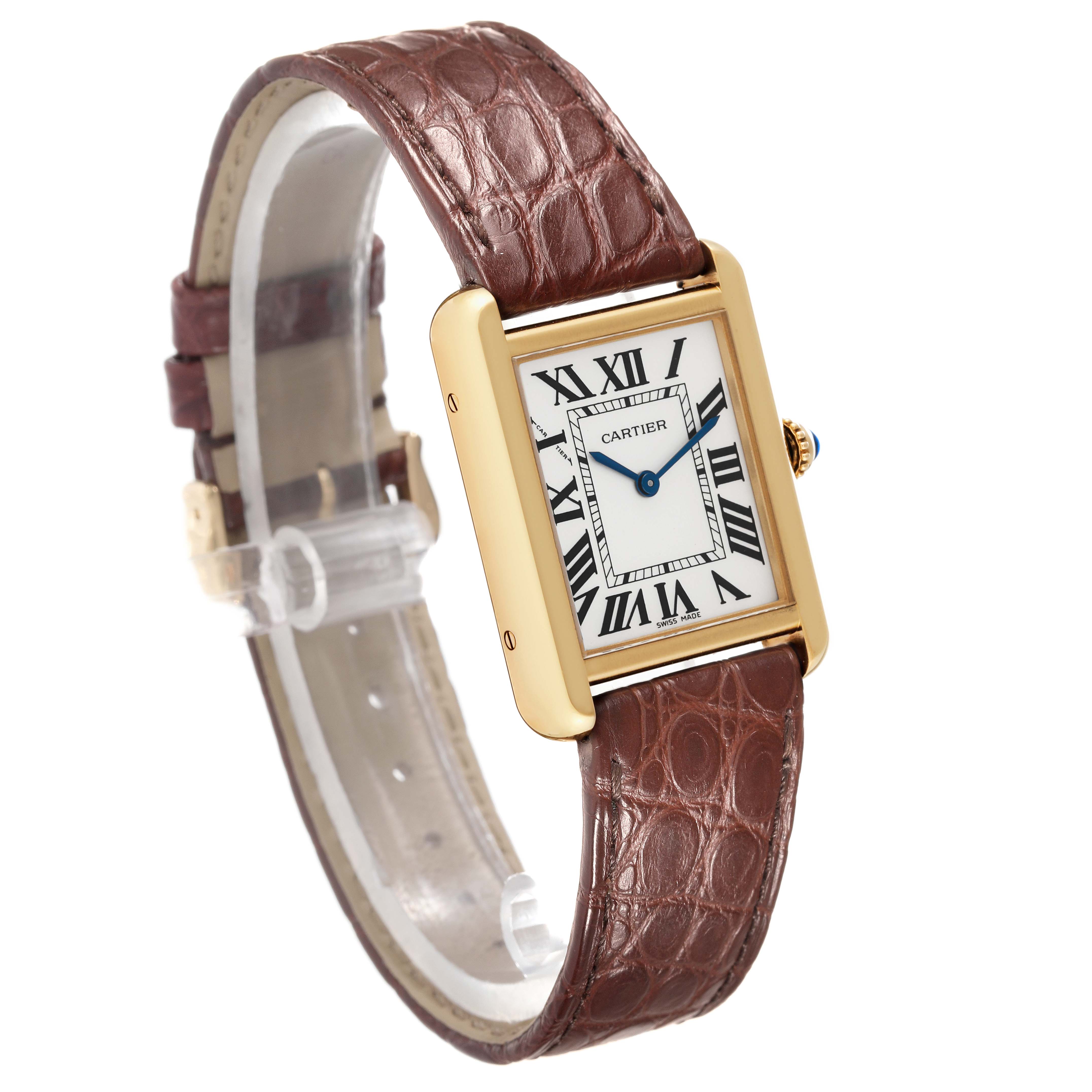 The image shows a front-side angle of a Cartier Tank Solo W1018755 Women's Steel and Gold (two tone) Silver Dial W1018755 Women's Steel and Gold (two tone) Silver Dial watch with a brown leather strap and gold case.