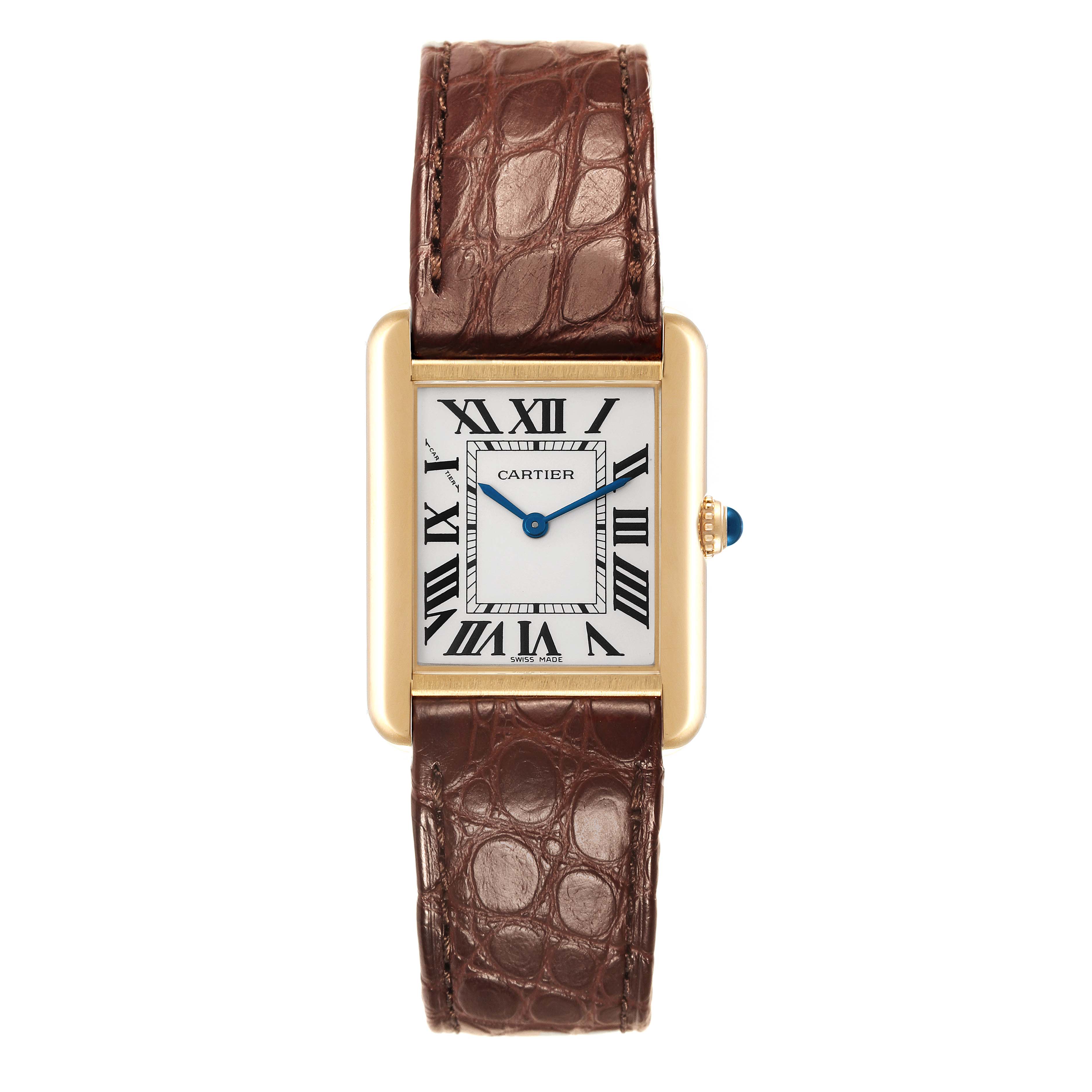 The image shows a top view of the Cartier Tank Solo W1018755 Women's Steel and Gold (two tone) Silver Dial W1018755 Women's Steel and Gold (two tone) Silver Dial watch, featuring a brown leather strap and a rectangular gold case.
