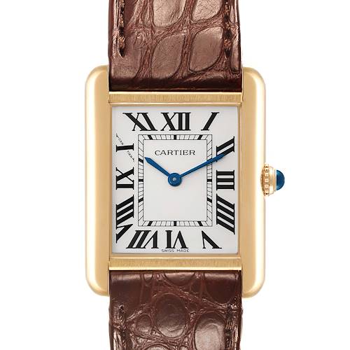 The image shows a front view of the Cartier Tank Solo watch, highlighting its face, Roman numerals, blue hands, and brown leather strap.