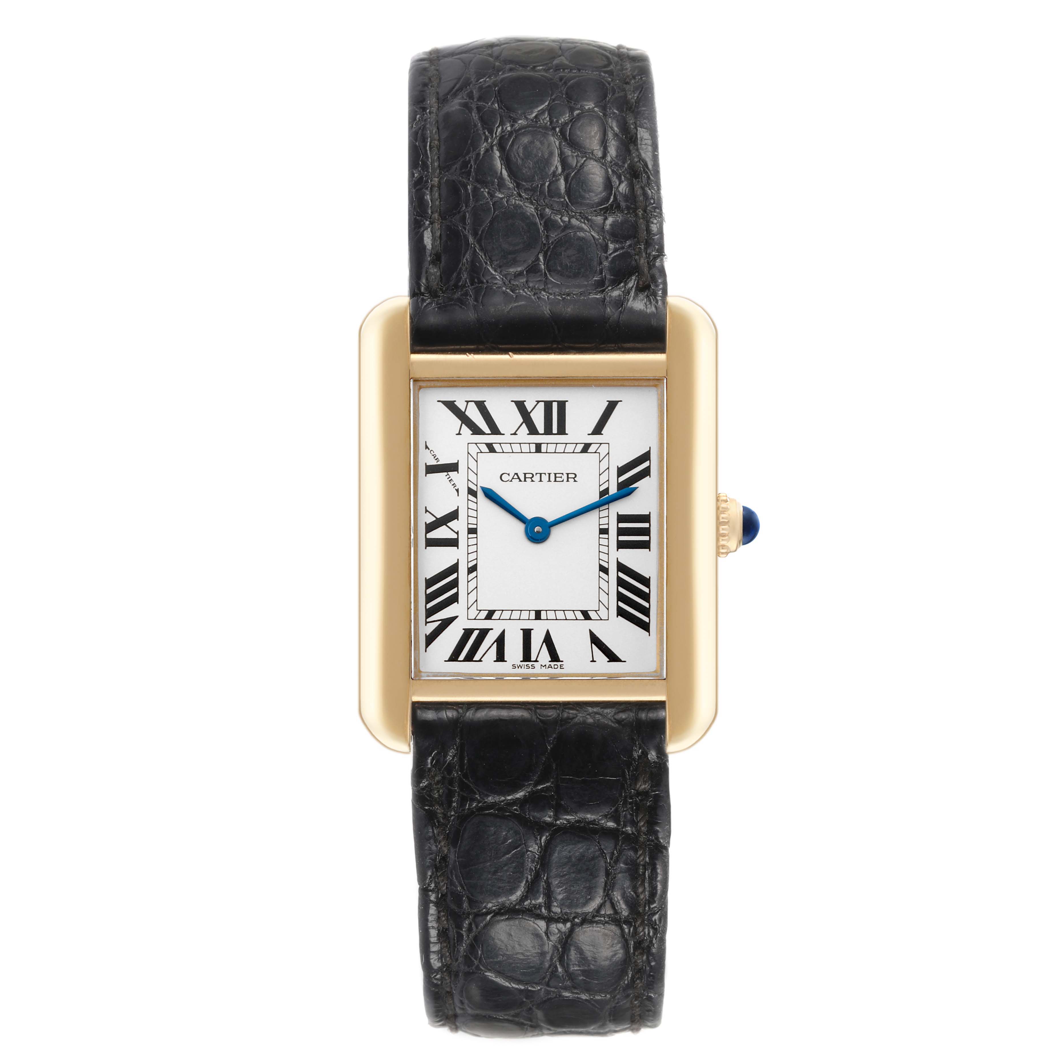 Front view of the Cartier Tank Solo W1018755 Women's Steel and Gold (two tone) Silver Dial W1018755 Women's Steel and Gold (two tone) Silver Dial watch, showing the dial, Roman numerals, blue hands, and black leather strap.