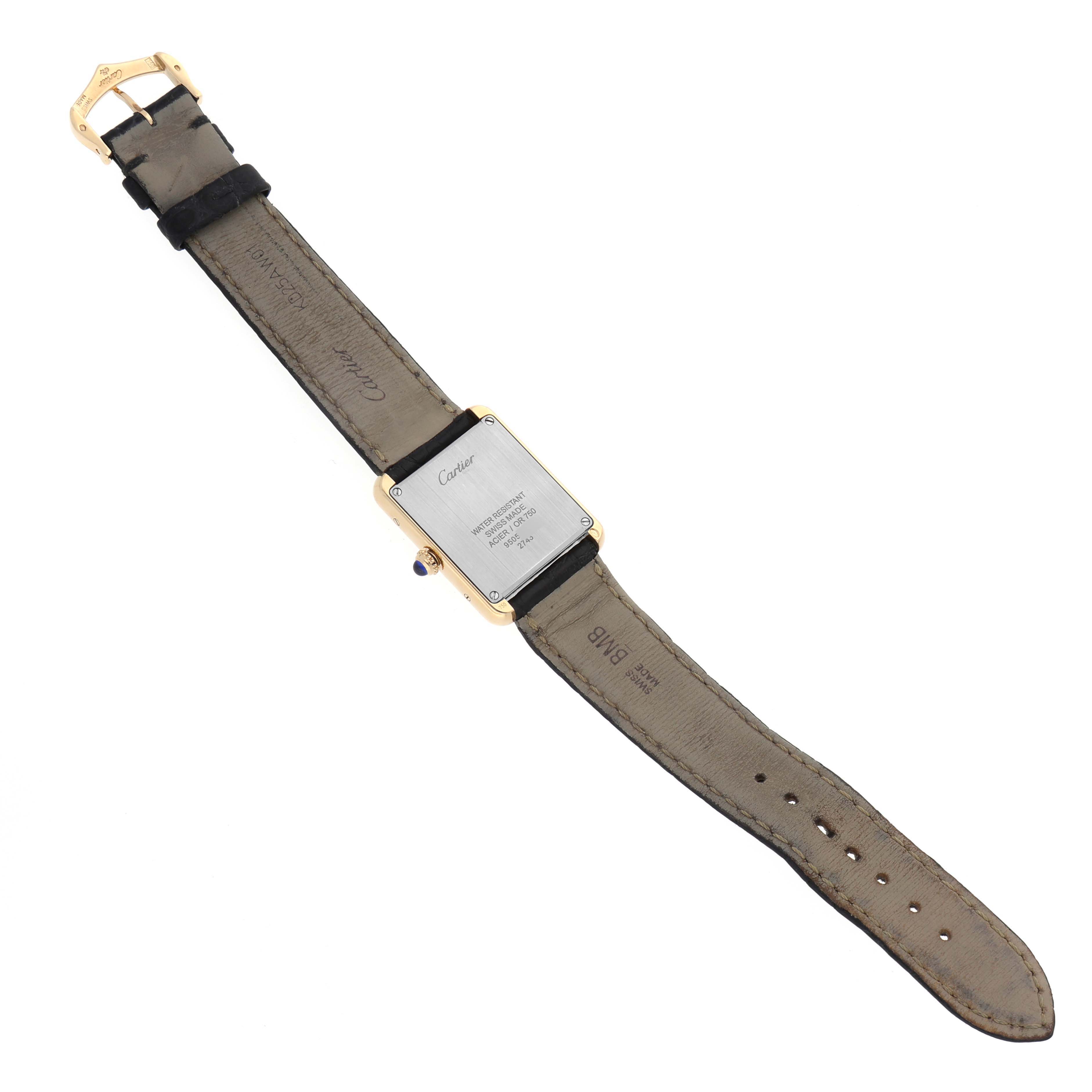 The image shows the back view of the Cartier Tank Solo W1018755 Women's Steel and Gold (two tone) Silver Dial W1018755 Women's Steel and Gold (two tone) Silver Dial watch, displaying its case back, strap, and buckle.