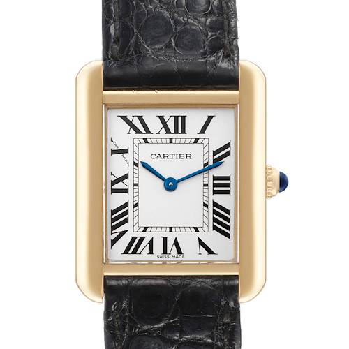 The image displays a frontal view of a Cartier Tank Solo watch, showcasing its rectangular face, Roman numerals, blue hands, and black strap.