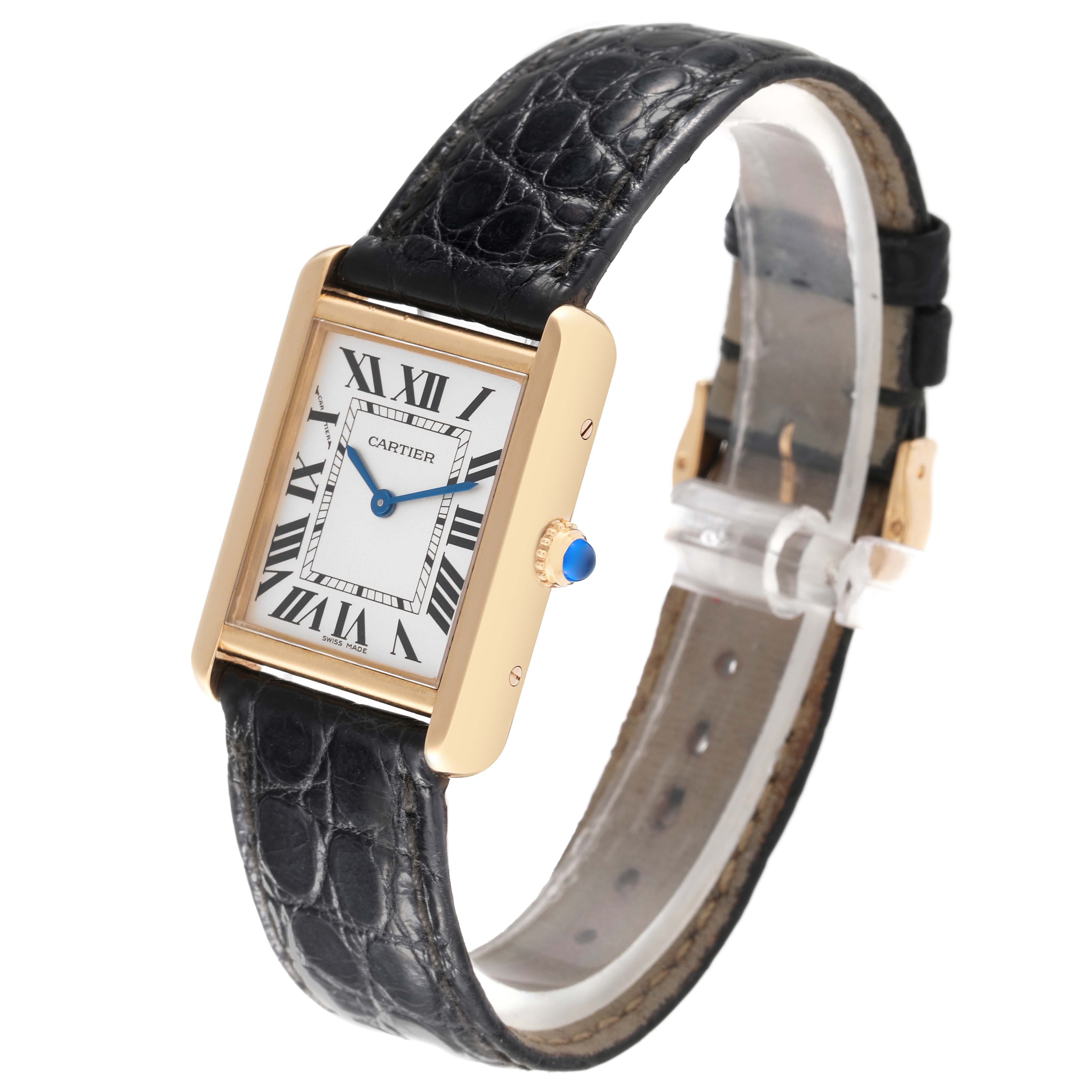 The Cartier Tank Solo W1018755 Women's Steel and Gold (two tone) Silver Dial W1018755 Women's Steel and Gold (two tone) Silver Dial watch is shown at a three-quarter angle, displaying the face, crown, and black leather strap.