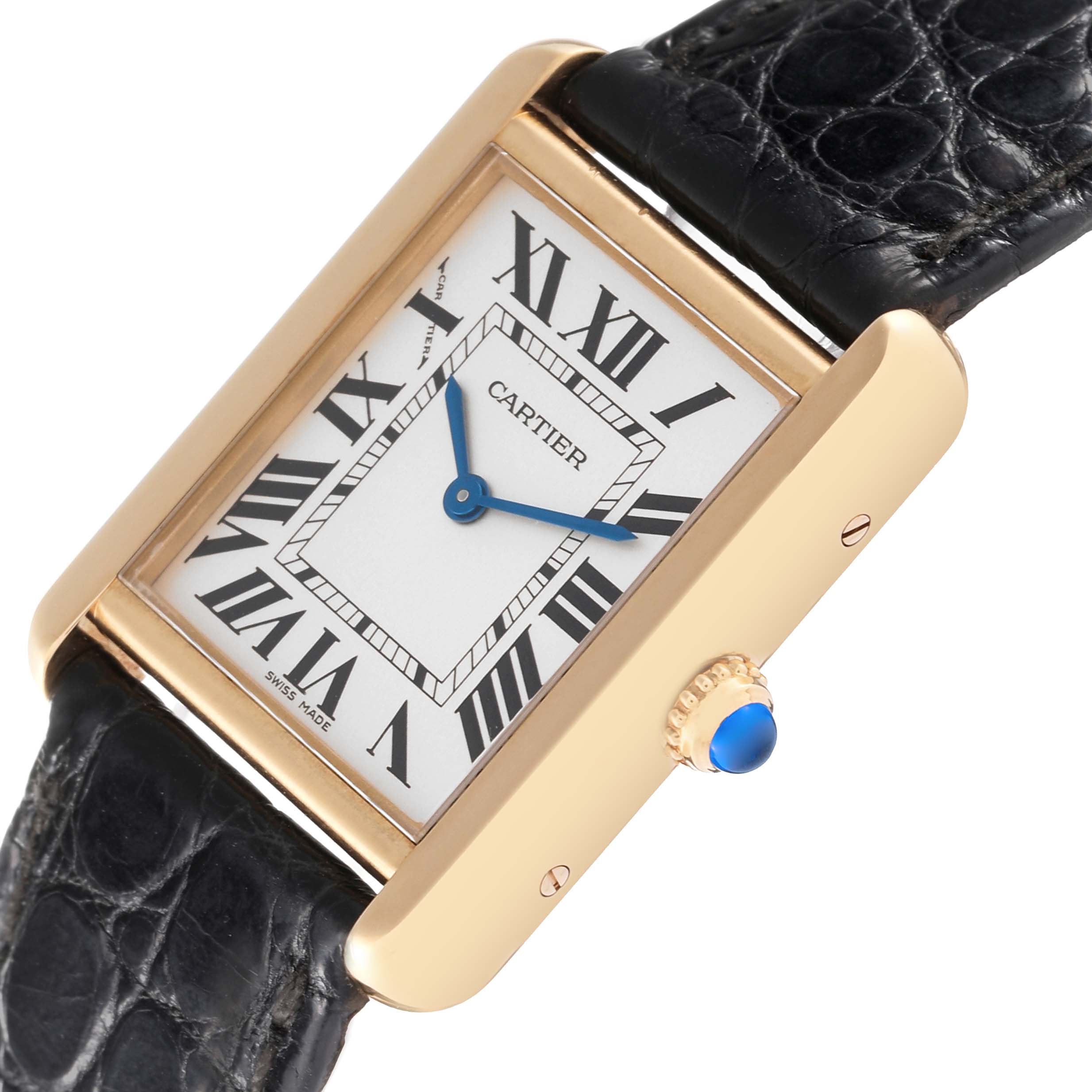 The image shows a Cartier Tank Solo W1018755 Women's Steel and Gold (two tone) Silver Dial W1018755 Women's Steel and Gold (two tone) Silver Dial watch from an angled view, highlighting the dial, crown, and black leather strap.