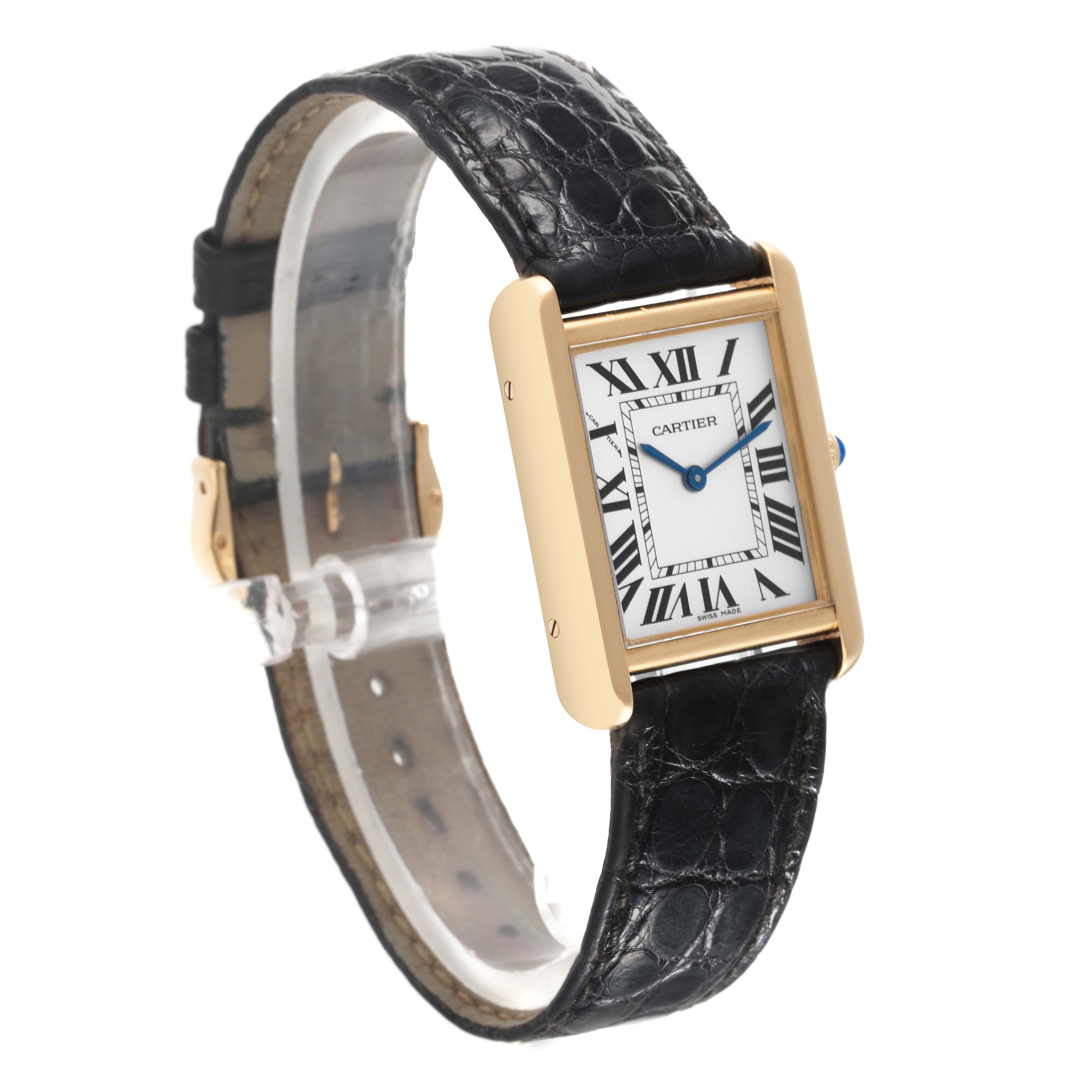 The image shows a Tank Solo model by Cartier from a three-quarter angle, highlighting the case, strap, dial, and Roman numeral markers.