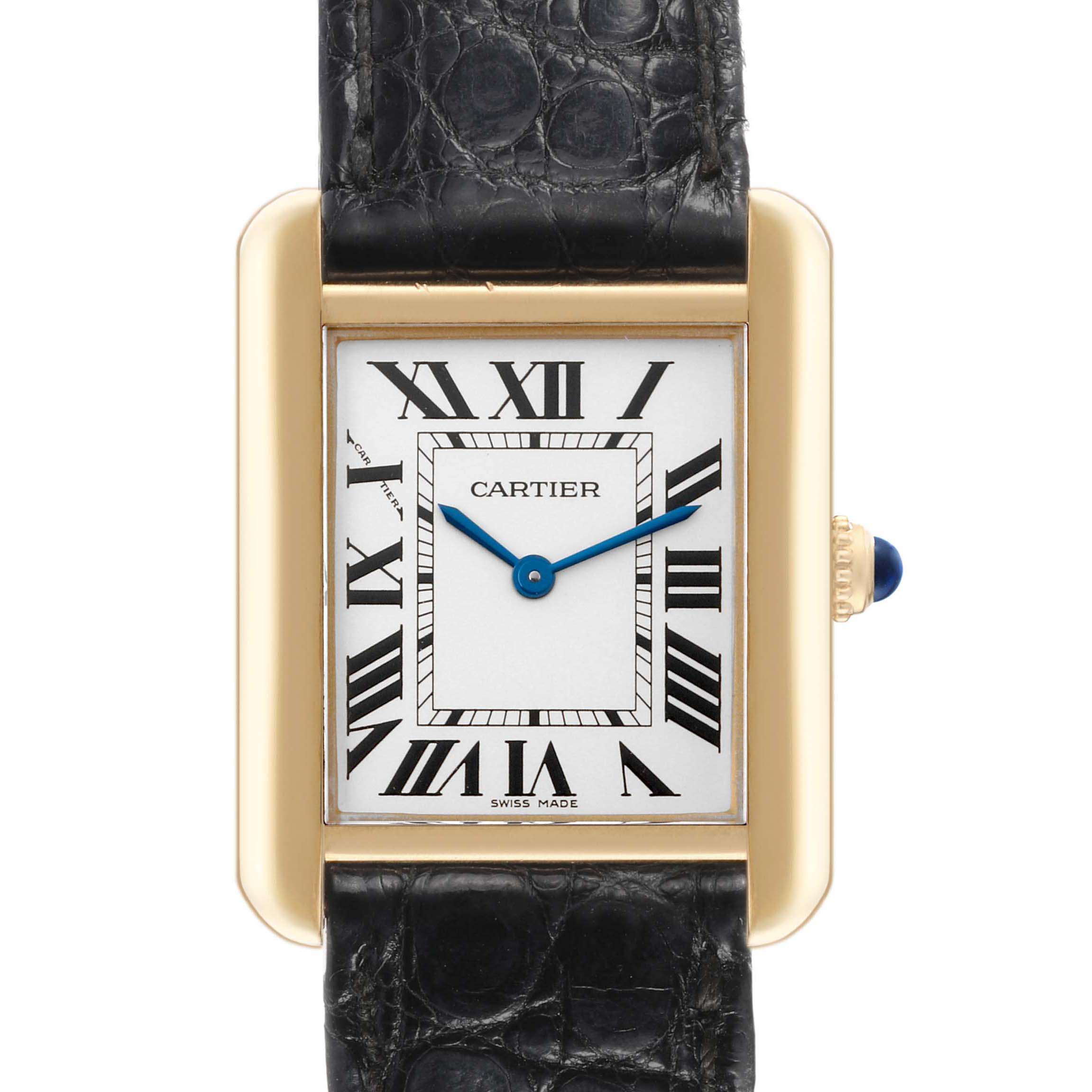 This image shows a front view of the Cartier Tank Solo W1018755 Women's Steel and Gold (two tone) Silver Dial W1018755 Women's Steel and Gold (two tone) Silver Dial watch, highlighting its face, case, and leather strap.