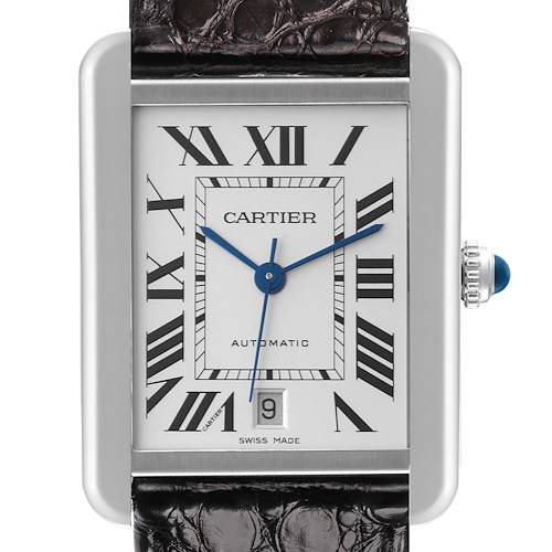 The image shows a front view of the Cartier Tank Solo watch, featuring its dial, hands, and part of the leather strap.