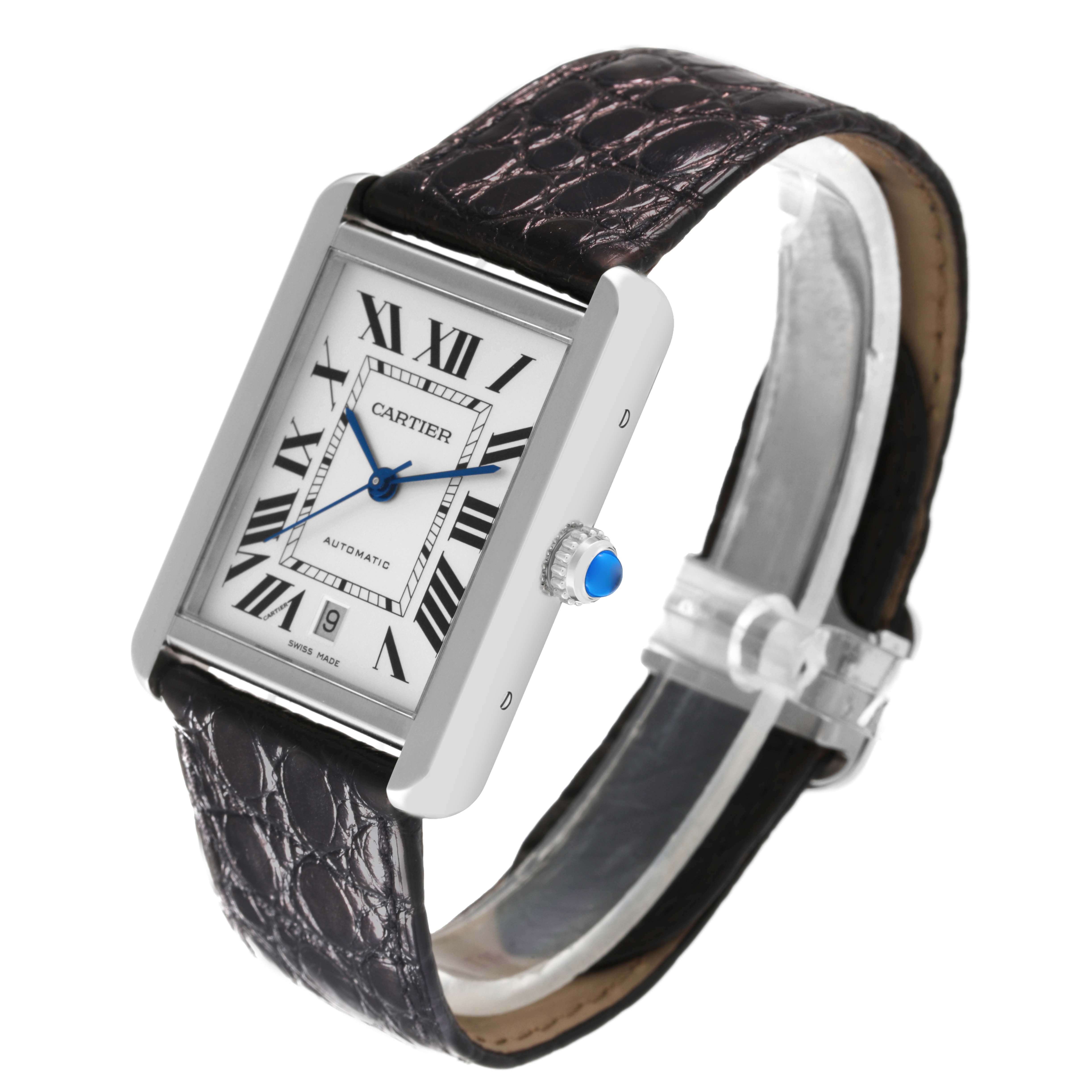 This image shows a front and angled view of the Cartier Tank Solo W5200027 Men's Stainless Steel Silver Dial W5200027 Men's Stainless Steel Silver Dial watch, highlighting the dial, Roman numerals, blue hands, and leather strap.