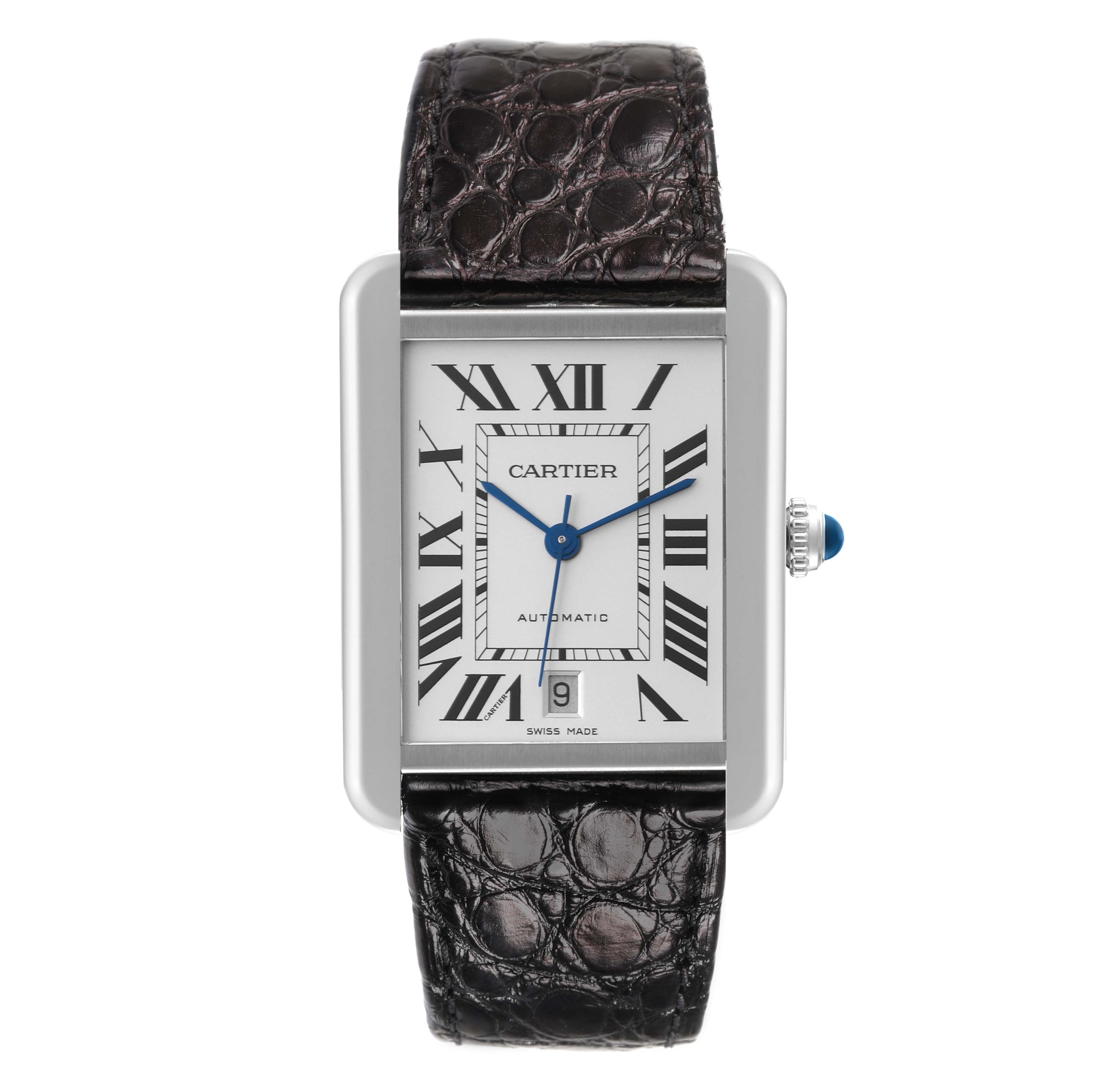 This image shows a front view of the face and strap of a Cartier Tank Solo W5200027 Men's Stainless Steel Silver Dial W5200027 Men's Stainless Steel Silver Dial watch.