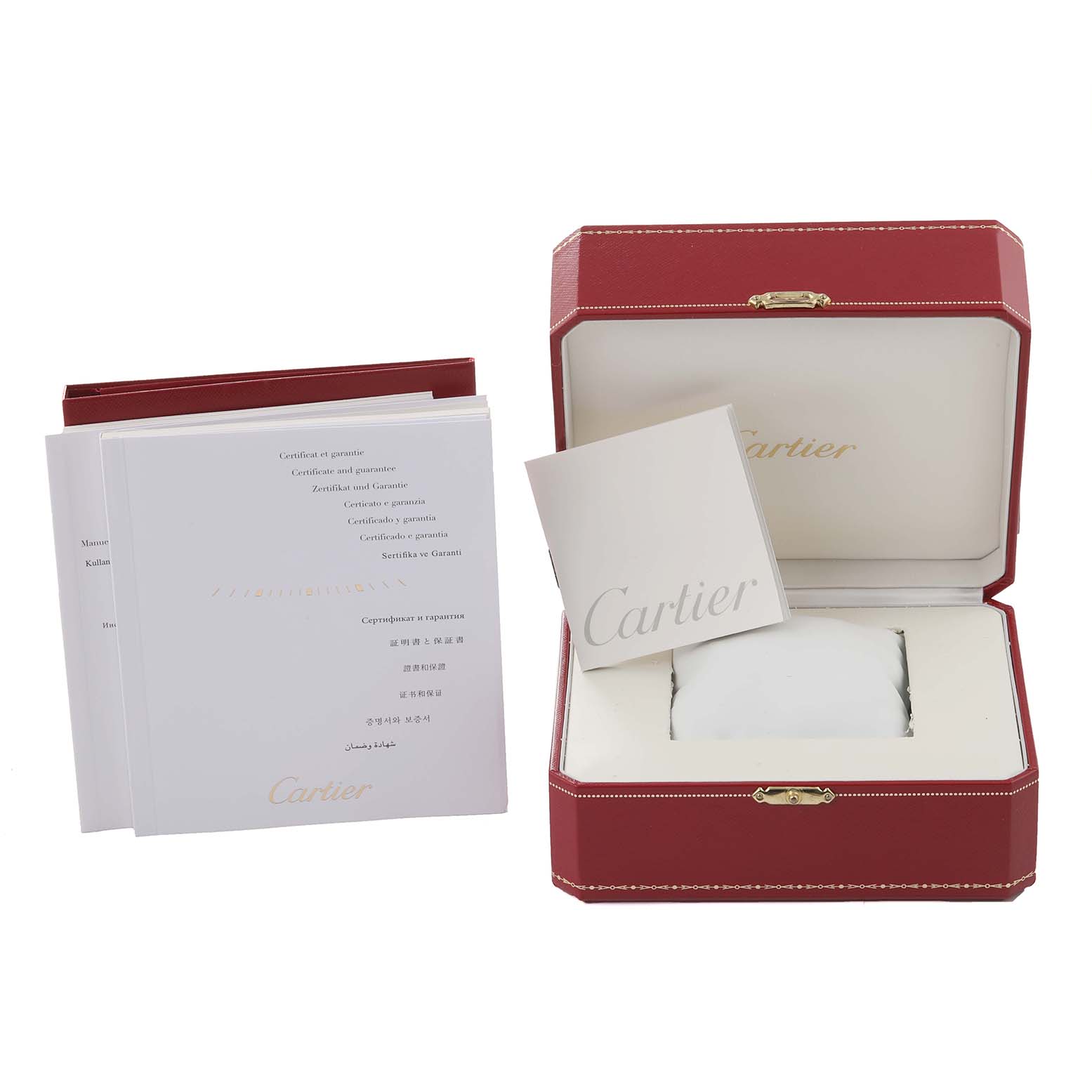 The Cartier Tank Solo W5200027 Men's Stainless Steel Silver Dial W5200027 Men's Stainless Steel Silver Dial watch box and certification booklets are shown from a frontal angle.