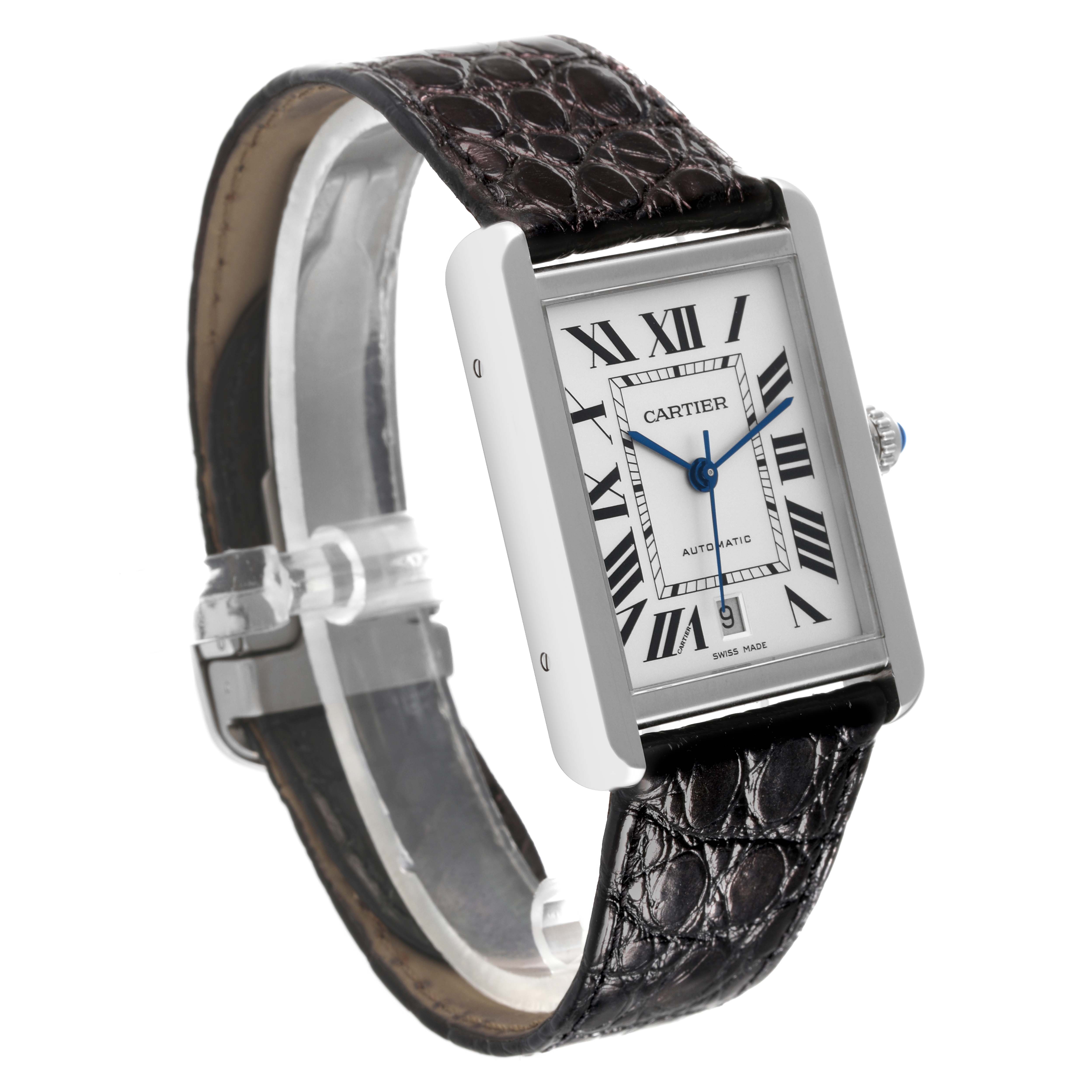 The Cartier Tank Solo W5200027 Men's Stainless Steel Silver Dial W5200027 Men's Stainless Steel Silver Dial watch is shown at an oblique angle, displaying the rectangular face, Roman numeral dial, and leather strap.