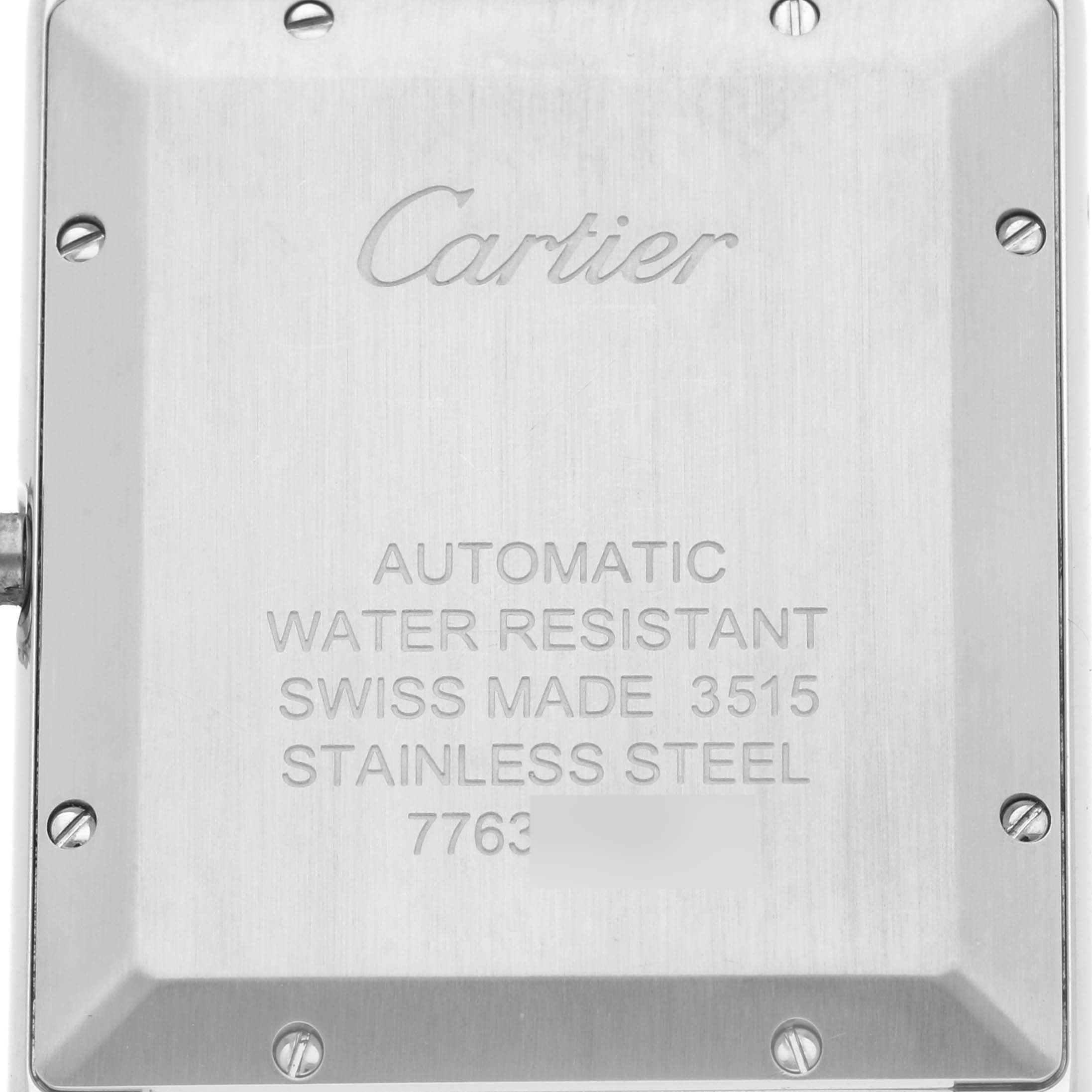 This image shows the back case of a Cartier Tank Solo W5200027 Men's Stainless Steel Silver Dial W5200027 Men's Stainless Steel Silver Dial watch, highlighting its engravings and material details.