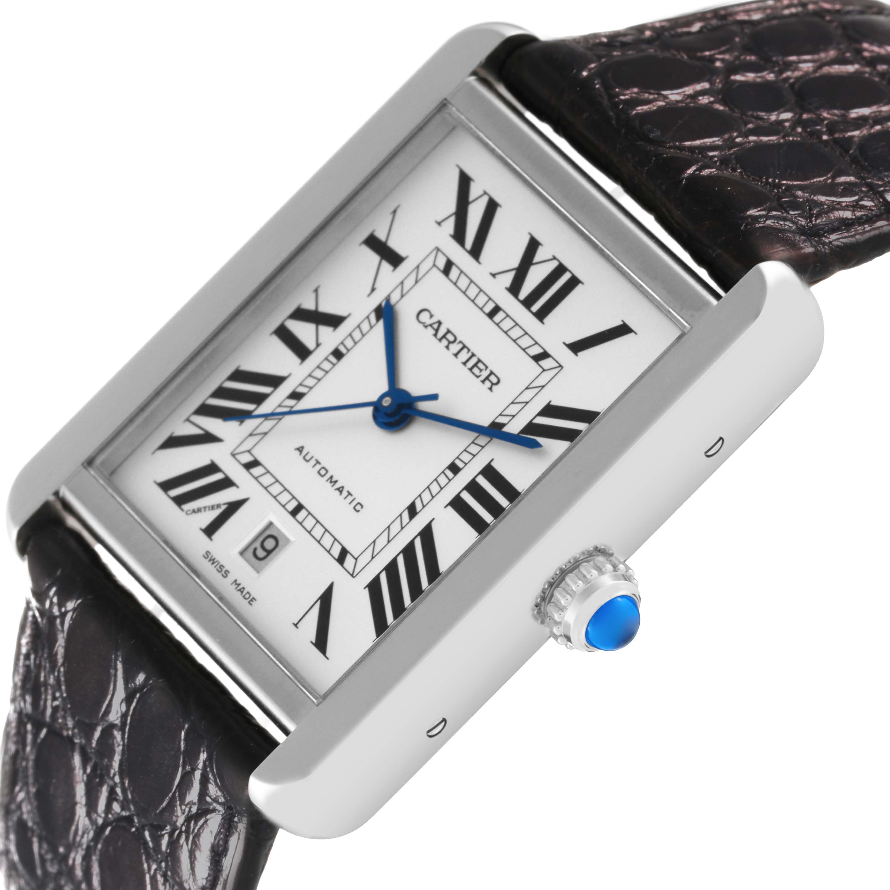 The image shows a close-up angled view of the Cartier Tank Solo W5200027 Men's Stainless Steel Silver Dial W5200027 Men's Stainless Steel Silver Dial watch, highlighting its dial, blue hands, crown with a blue cabochon, and leather strap.