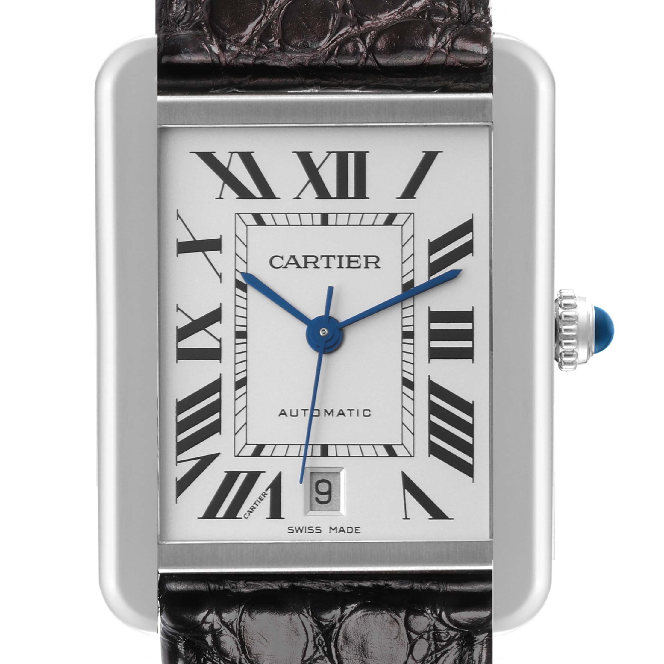 The image shows a close-up, front view of the Cartier Tank Solo W5200027 Men's Stainless Steel Silver Dial W5200027 Men's Stainless Steel Silver Dial watch face and part of its leather strap.