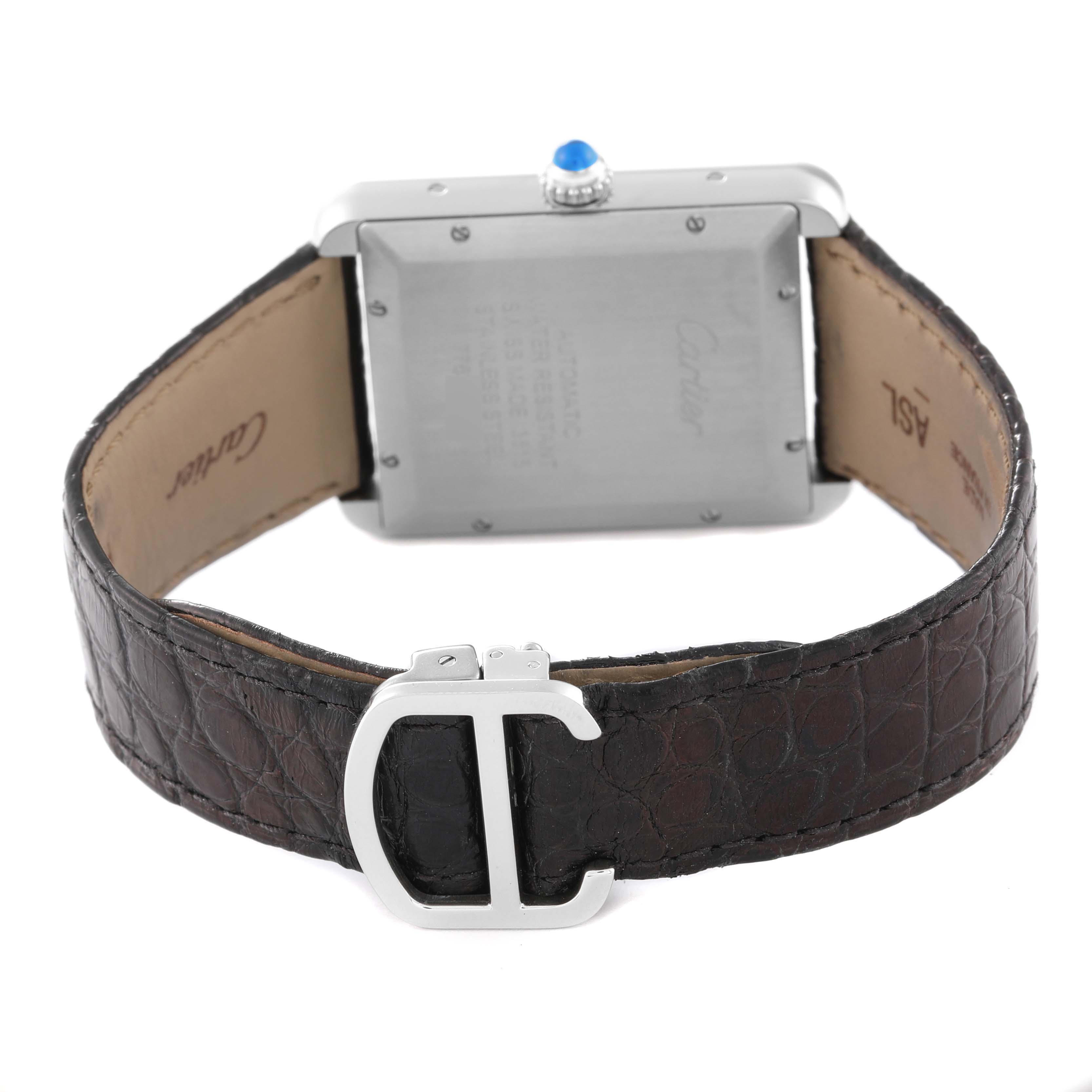 This image shows the back of the Cartier Tank Solo W5200027 Men's Stainless Steel Silver Dial W5200027 Men's Stainless Steel Silver Dial watch, highlighting the leather strap and clasp.