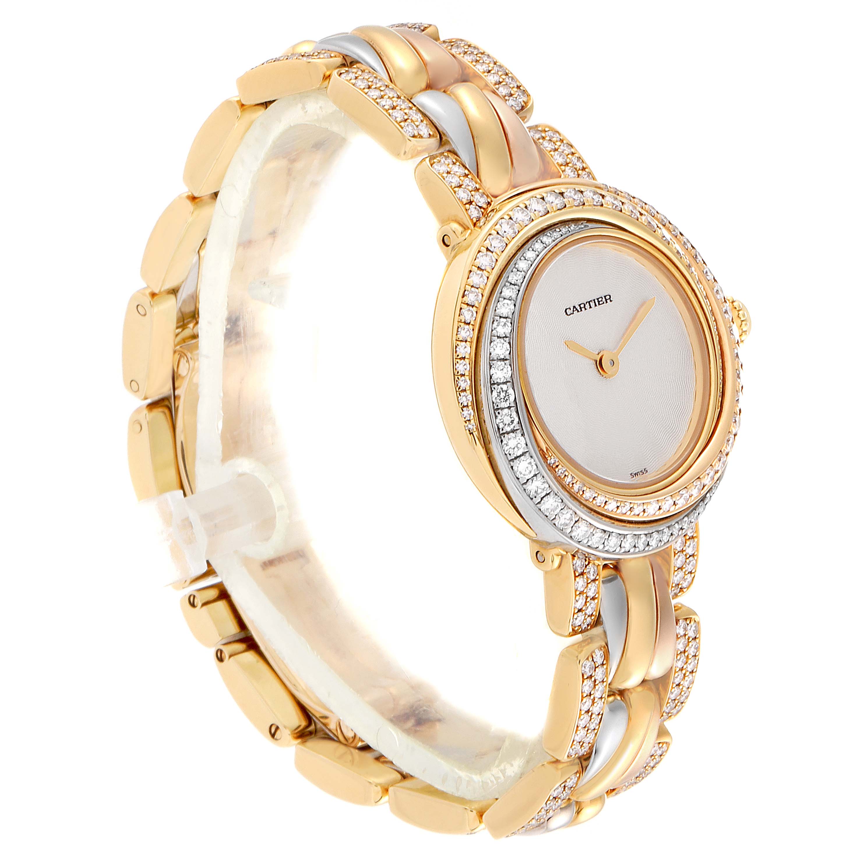 The image shows a side view of the Cartier Trinity 2357 Women's Yellow Gold Beige Dial 2357 Women's Yellow Gold Beige Dial model watch, highlighting its metal and diamond bezel, bracelet, and case.