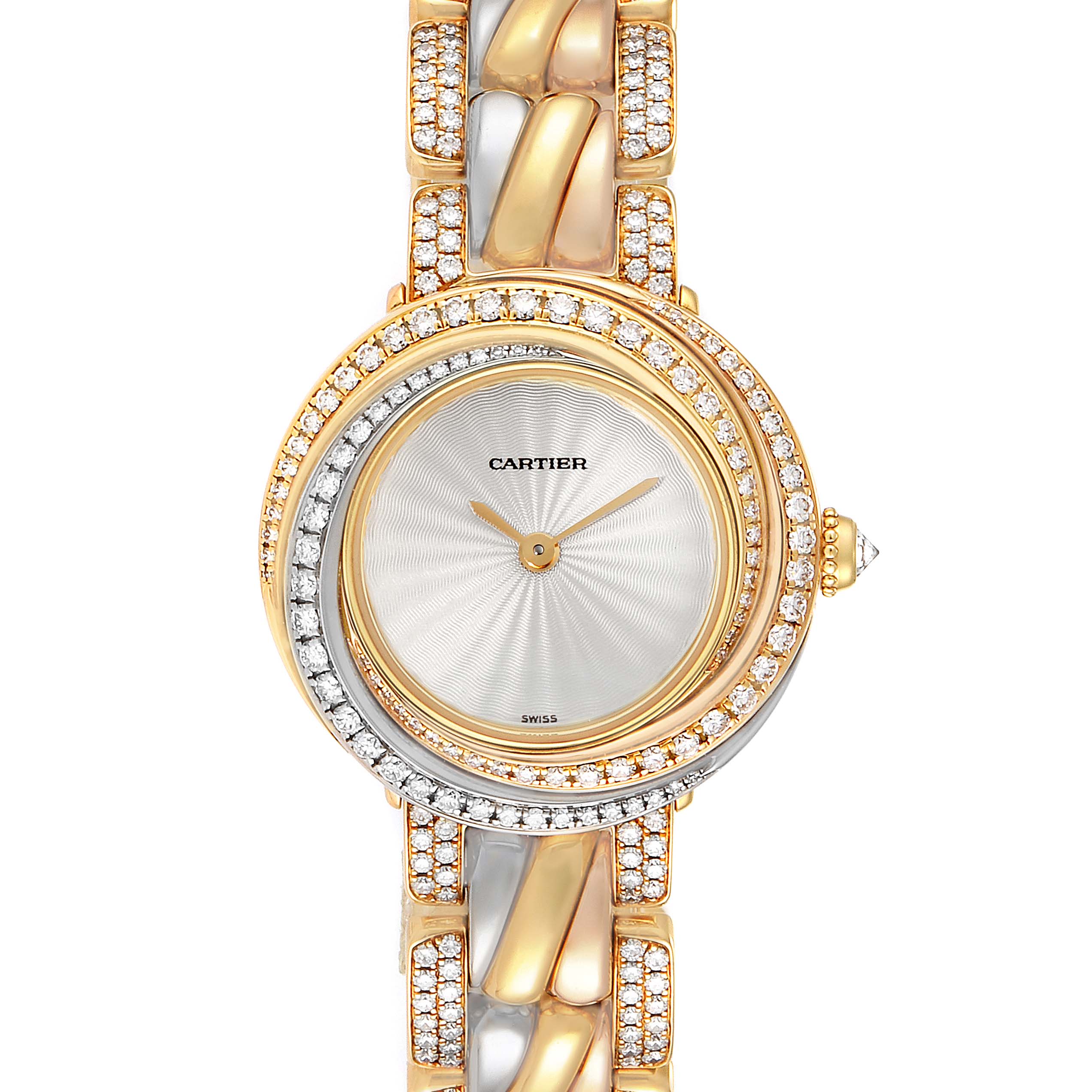 The image shows a top view of the Cartier Trinity 2357 Women's Yellow Gold Beige Dial 2357 Women's Yellow Gold Beige Dial watch, showcasing its face, bezel, and part of the bracelet.