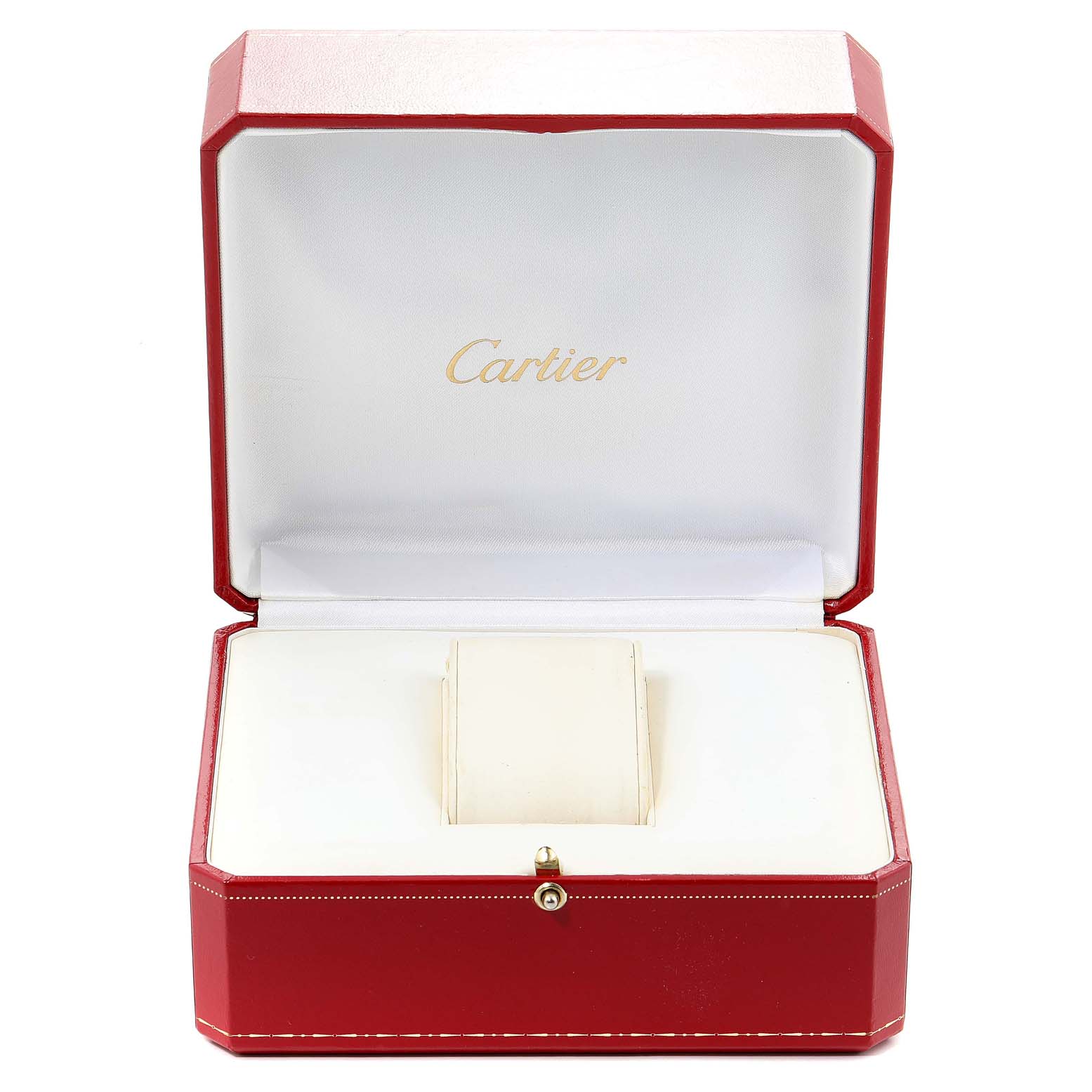 This image shows an open red box with white interior for a Cartier Trinity 2357 Women's Yellow Gold Beige Dial 2357 Women's Yellow Gold Beige Dial model watch, with the Cartier logo inside the lid.