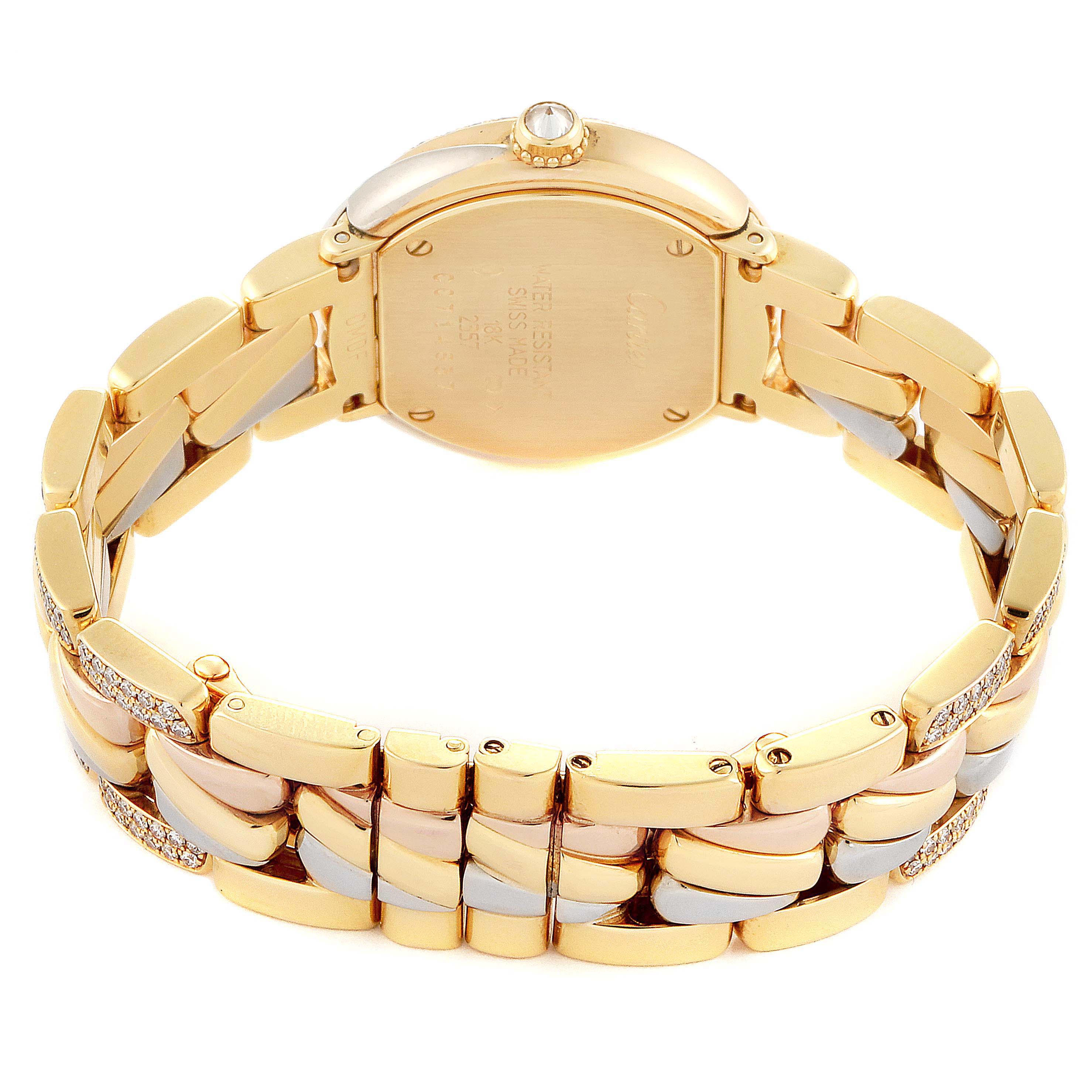 This image shows the back and bracelet of a Cartier Trinity 2357 Women's Yellow Gold Beige Dial 2357 Women's Yellow Gold Beige Dial model watch at a slight angle, displaying its multicolored metal links and details.