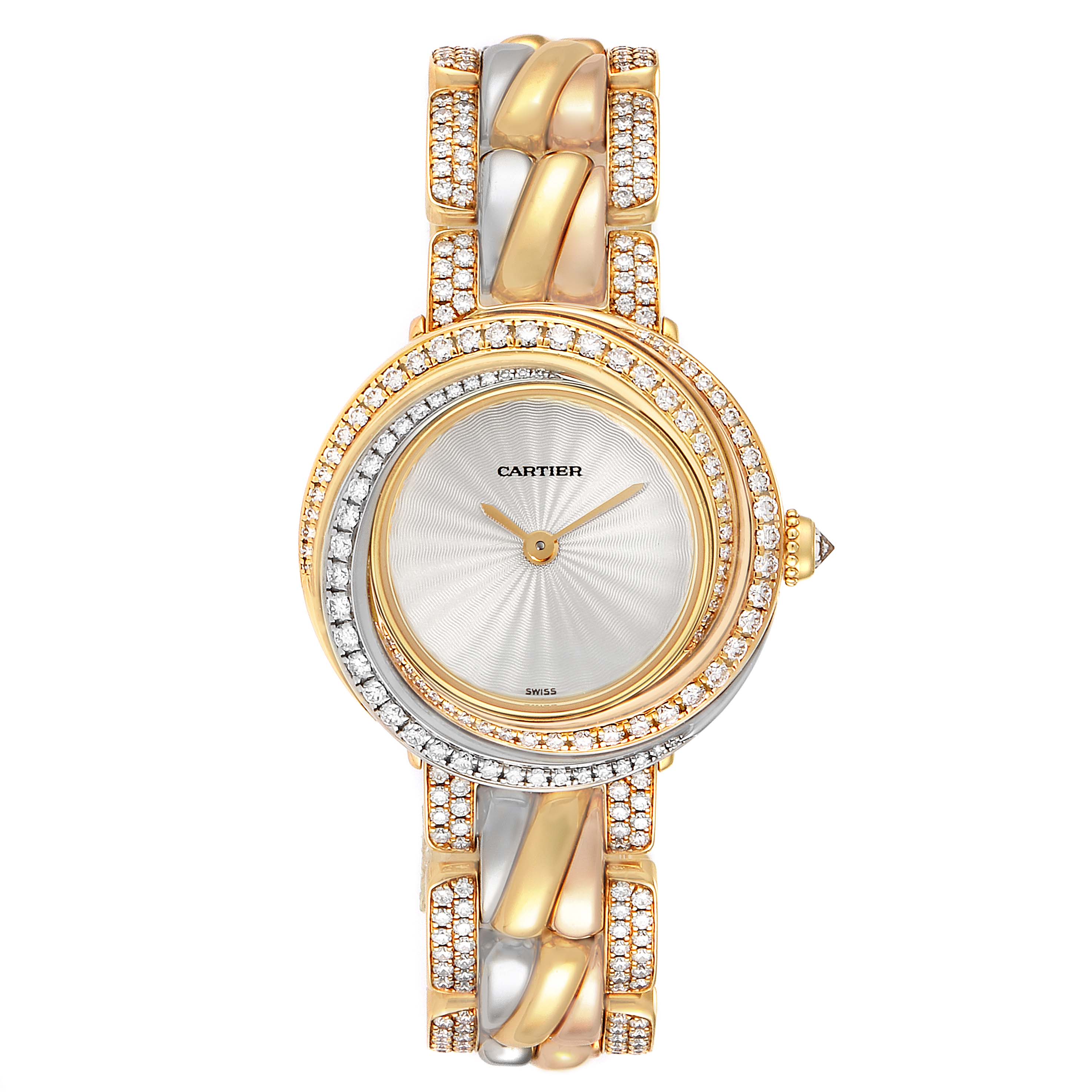 This image shows the front view of the Cartier Trinity 2357 Women's Yellow Gold Beige Dial 2357 Women's Yellow Gold Beige Dial watch, highlighting its diamond-encrusted bezel and bracelet.
