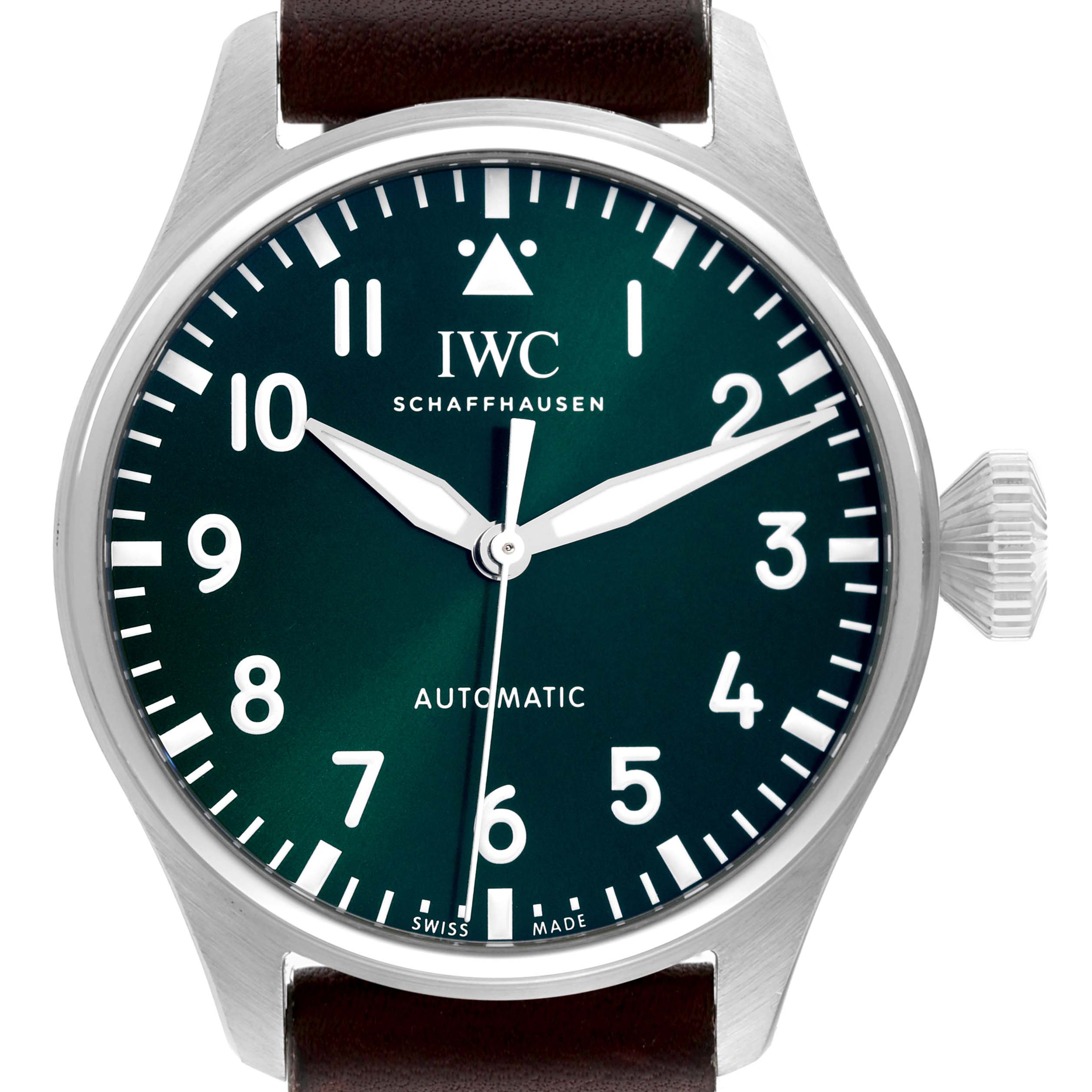 The IWC Pilot IW329306 Men's Stainless Steel Green Dial IW329306 Men's Stainless Steel Green Dial watch is shown straight-on, featuring the dial, hands, crown, and part of the leather strap.