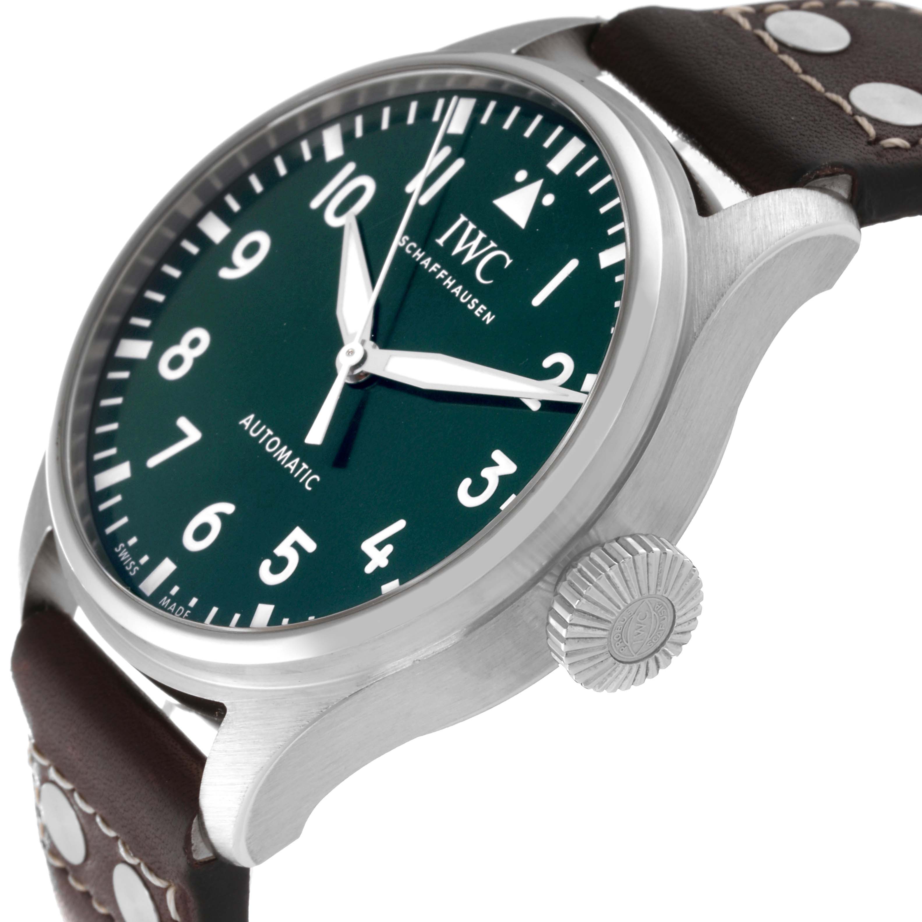 The image shows a side angle of the IWC Pilot IW329306 Men's Stainless Steel Green Dial IW329306 Men's Stainless Steel Green Dial model watch, featuring its crown, dial, case, and leather strap.